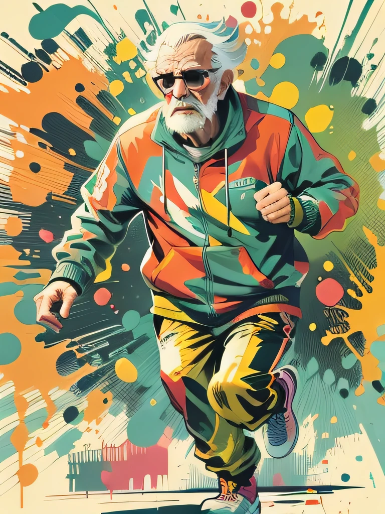 vector art, Colorful graffiti illustration, Elderly man running in the park, in the center, Bright colors, paint splashes and blots, high detail, whitebackground