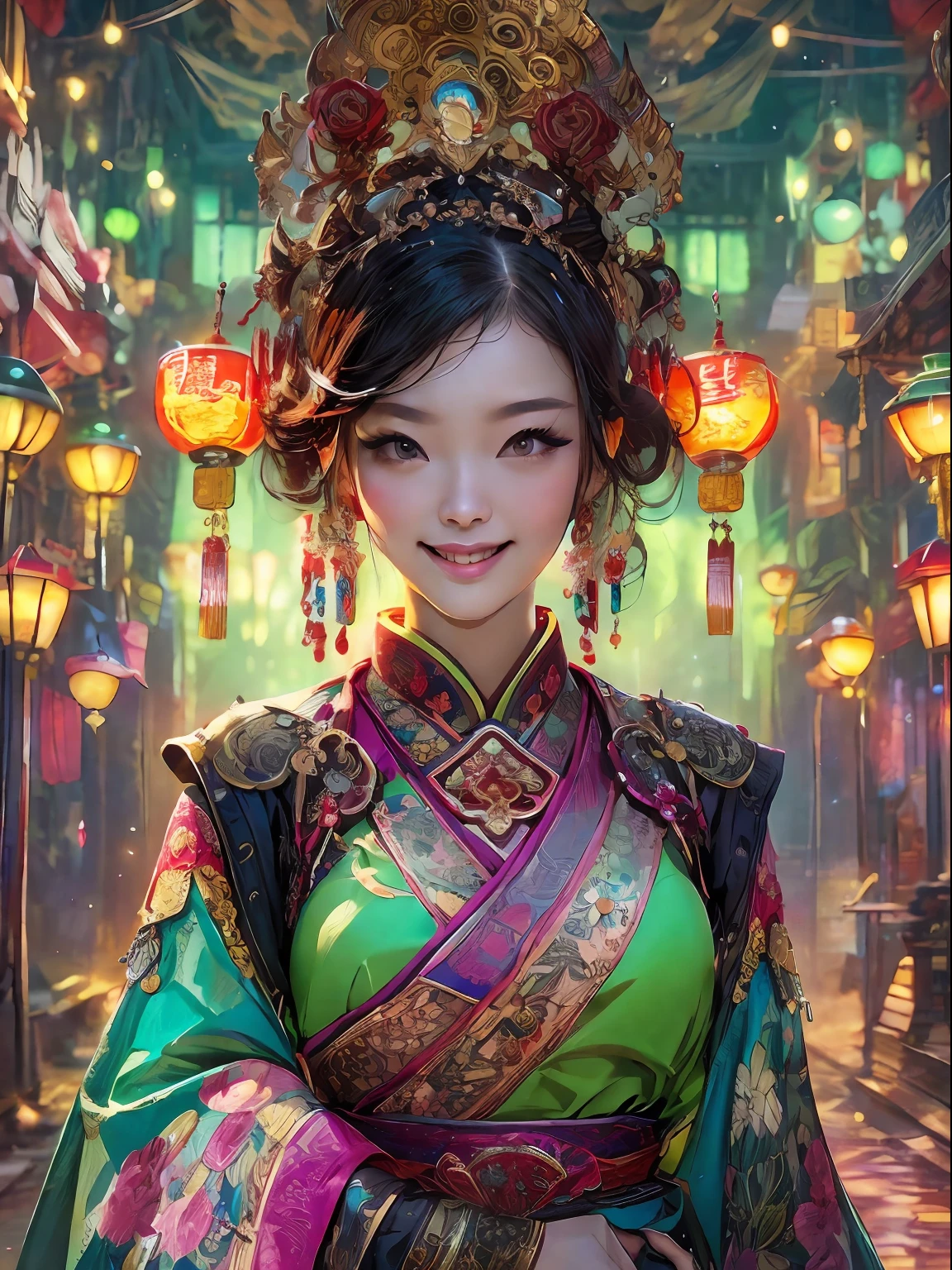 HighestQuali，tmasterpiece：1.2，Detailed details，4K，beautiful young girl in tang dynasty, Smiling, Full body picture, portraiture, fireflies and beautiful warm sparkles everywhere, shift style with a shallow depth of field and high definition resolution, key visual, editorial photography, Epic, hyper ornate, Intricate details, maximalism cinematic film still, maximalist interior design, bright vibrant colors, + cinema shot + Hyperrealistic, Chang’an, the capital of the Tang Dynasty, Super detail