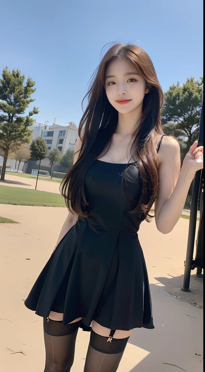 (1 Korean star with royal sister style), ((Best quality, 8K, 巨作: 1.3)), focal point: 1.2, Perfect body proportions: 1.4, (Make a smile), (Sunset: 1.3), Watery eyes, Highly Detailed Face and Skin Textur, Fine eyes, Double eyelids, Whitens the skin, (long whitr hair, Air bangs: 1.3), (Round face inches: 1.5), (Black dress black stockings 1.4), Long legs(Sketch 1:2,) (standing on a playground,baiyun,suns,The scenery is exceptionally beautiful)in a panoramic view