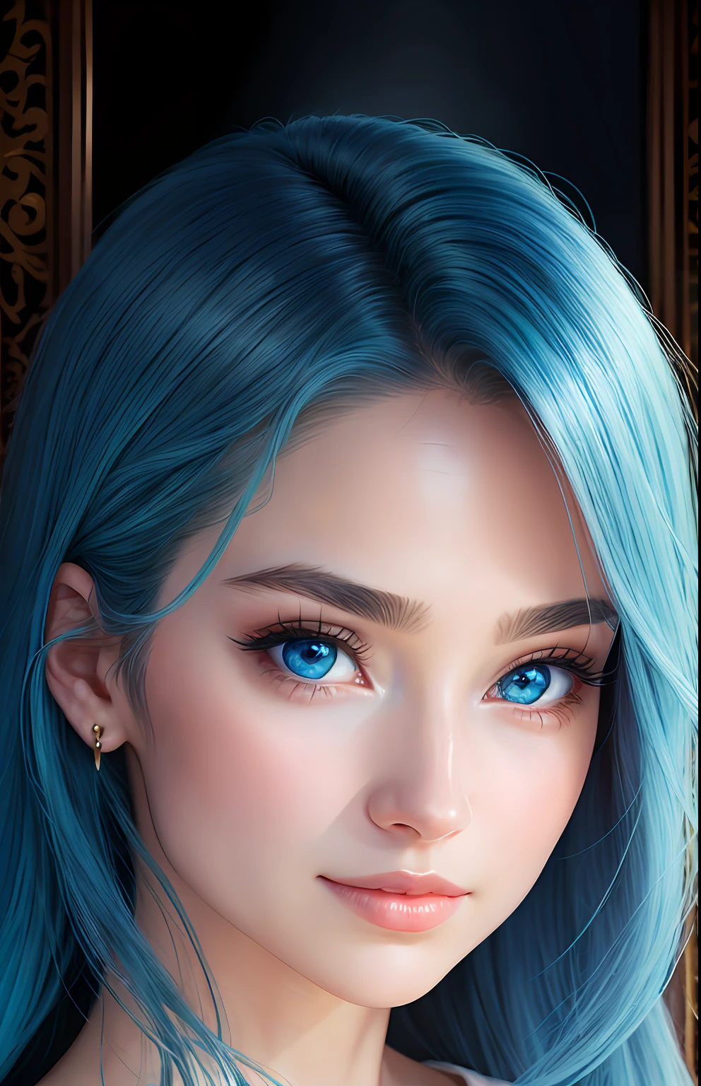 animesque、portraitures、One Person２０Pretty Woman、Moisturized eyes、Casual clothing、a picture、oval jaw、beautiful countenance、The hair、Blue eyes with a beautiful glow、LDS Art