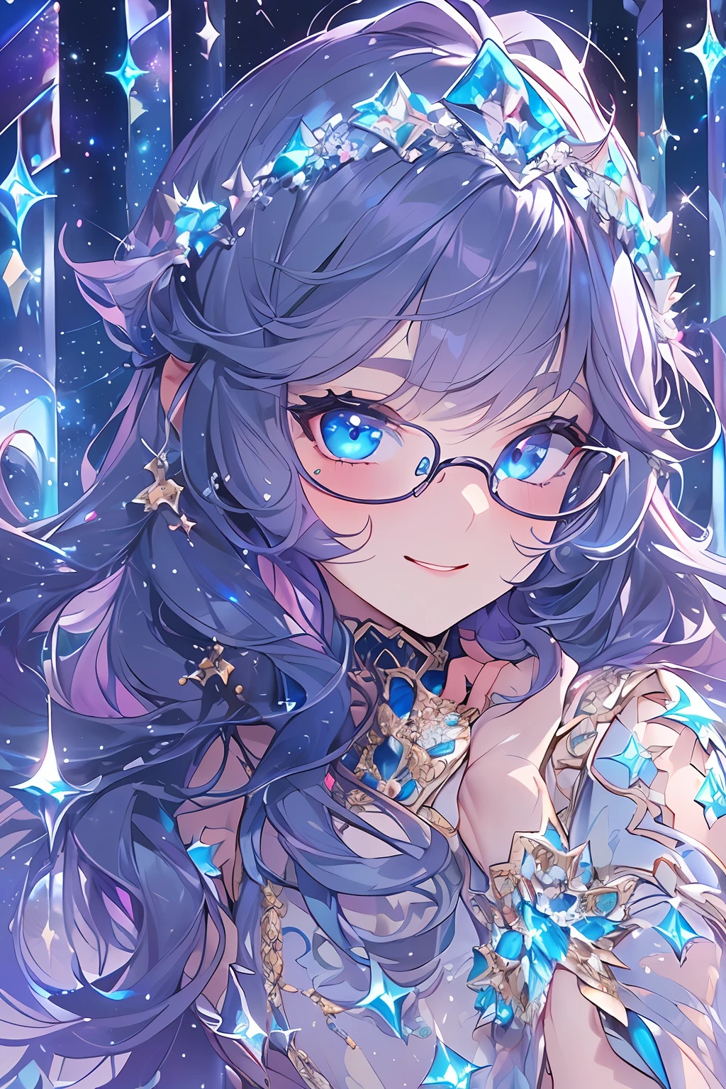 ((masterpiece、top-quality、Official art、Beautifully Aesthetic:1.2))、(the golden ratio)、(ultra-detailliert:1.3)、(1girl in)、(Fractal Art:1.3)、(Glitter pupils)、((Half dark blue、Half Blue))、(heterochromia iridis:Blue right eye and light blue left eye)、((A smile))、(Hyper-detailing), ((delicate detail)), (intricate detailes), ((ciinematic light, best quality backlight)), ((The best lighting, extremely delicate and beautiful)), (ray trace reflection、brilliance)、((glowing aura))、((Radiant hair))、((The ultra-detailliert))、(night sky full of stars)、(Shining eyes),(Crystal pupil)、(Crystals in the eye),(Round glasses)、((High School Uniforms))