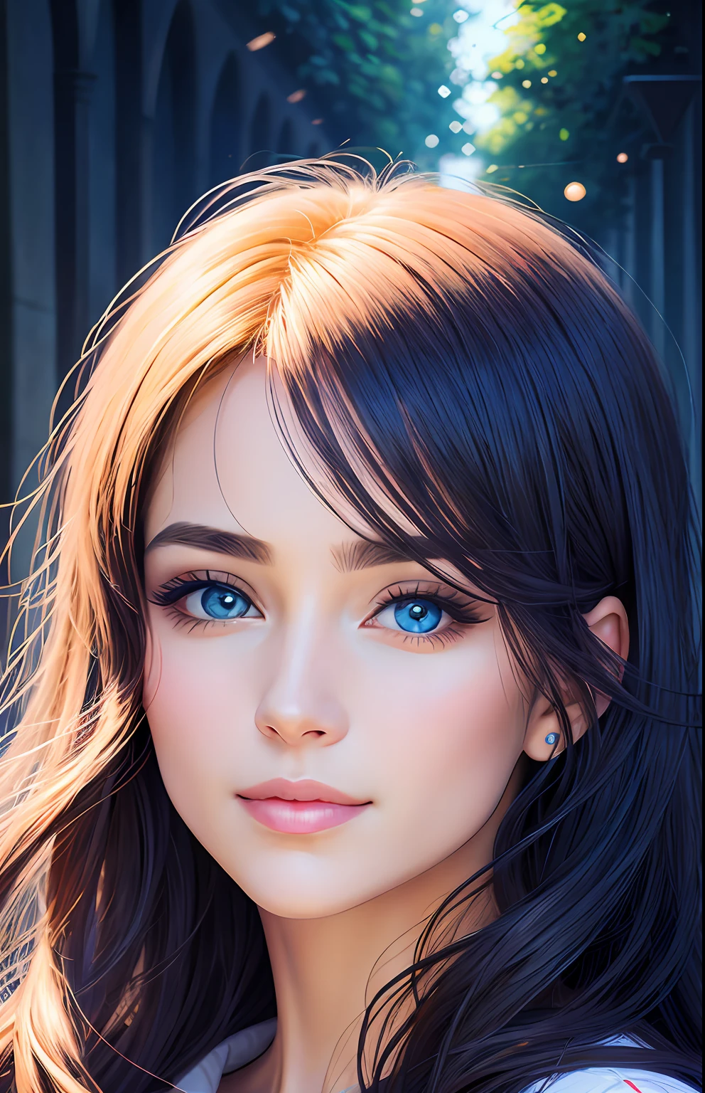 animesque、portraitures、One Person20Pretty Woman、Moisturized eyes、Casual clothing、a picture、oval jaw、beautiful countenance、The hair、Blue eyes with a beautiful glow、LDS Art