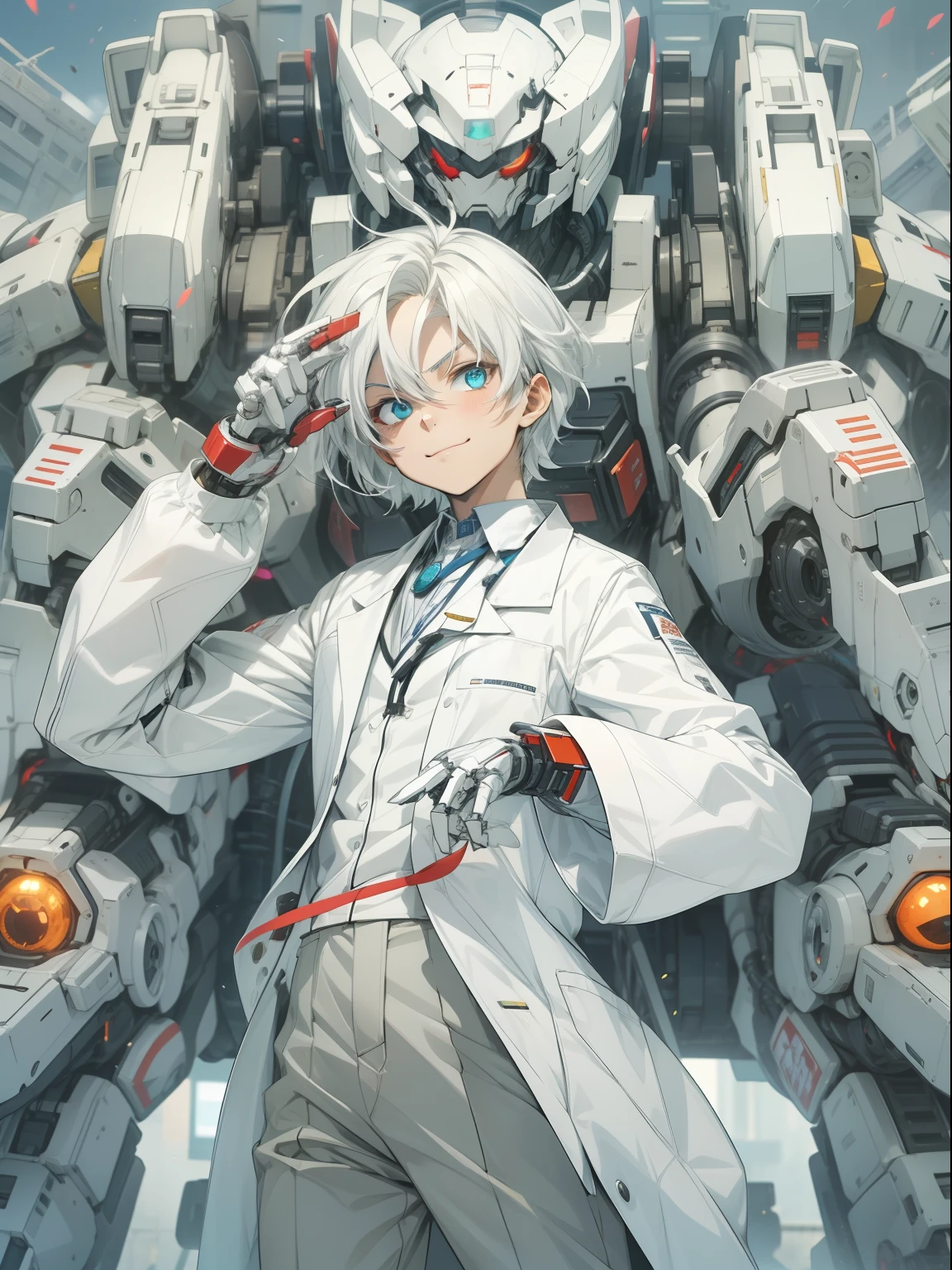 The boy with white hair、Dr、Scientific researchers，monocle，white  clothes，silber hair，Robotic arm，Giant pure white mech，城市，Determined gaze，Psychological smile，psychotic eyes，arma，artillery，arma，Grandiose scenes。
