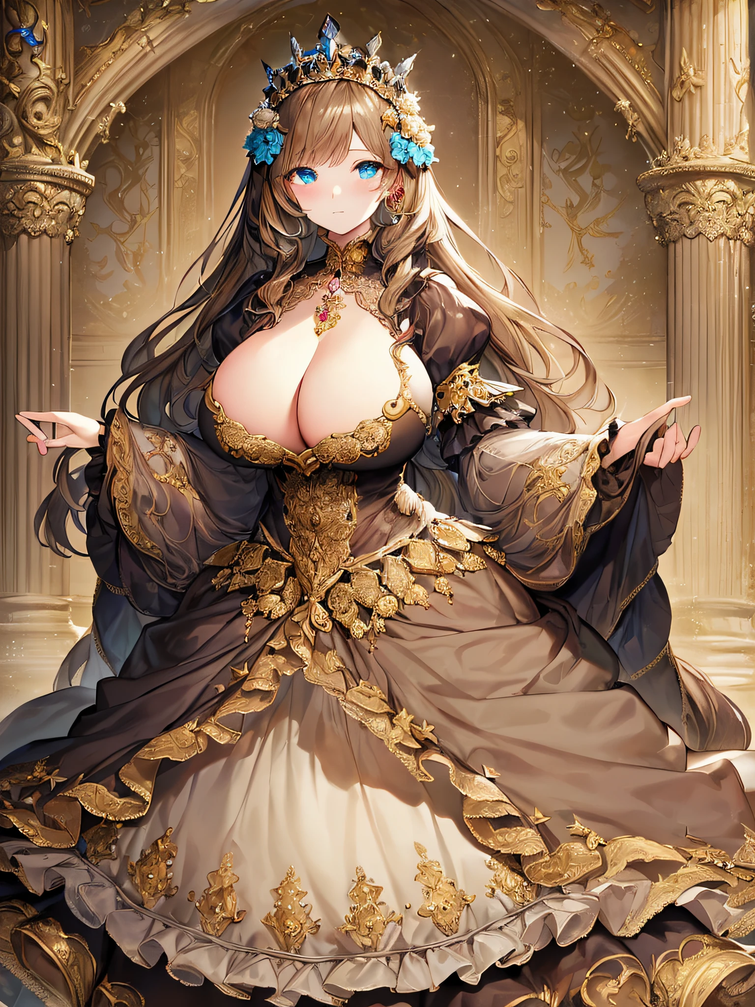 ((anime artstyle)),(Masterpiece),(Best Quality), (Super Detail),((Very Delicate and Beautiful)),((Solo)),((full body)),((1 princess in gorgeousfull rococo dress)),detailed face and eyes,jewel-like eyes,((voluminous Very Long Straight Hair)),((gigantic tits,Long tits)),curvy,skindentation,((gorgeousfull embroidery and lace)),gorgeous corsage,See-through,gorgeousfull hair ornament,gorgeousfull glitter jeweled tiara,ornate ruffles,((full body)),((hoop skirt,crinoline)),Dynamic Angle,Looking at viewer,(((gorgeous embroidery gorgeousfull rococo dress)),full body