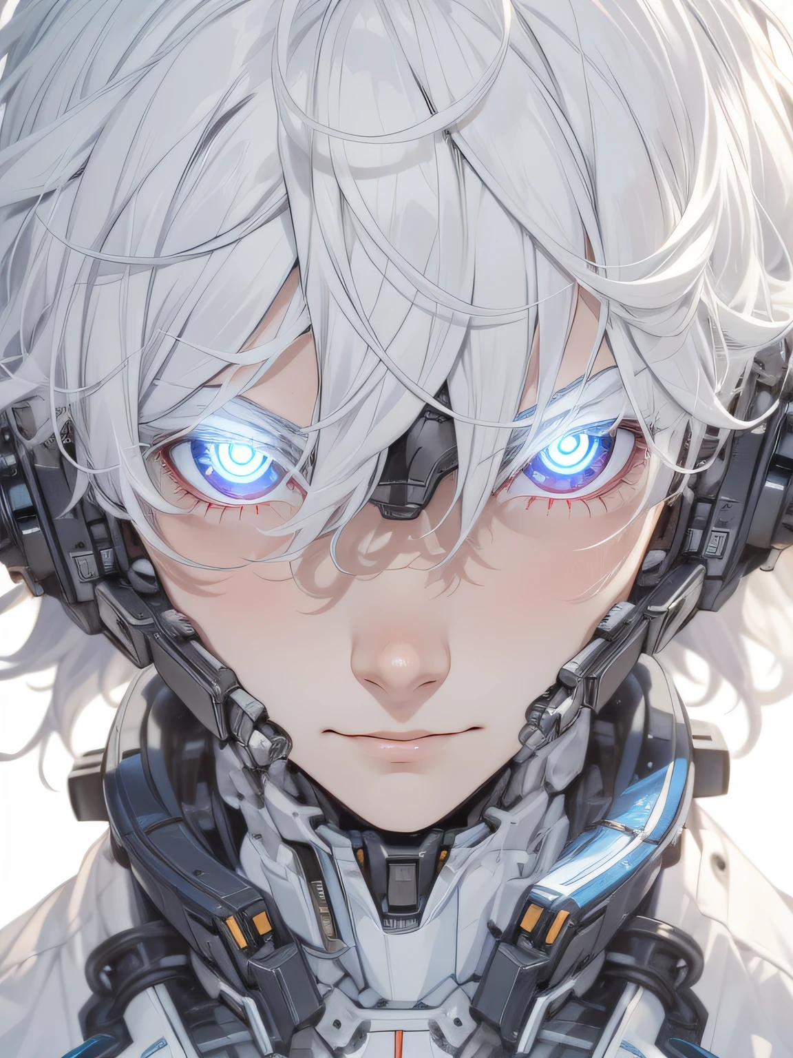 The boy with white hair、Dr、Scientific researchers,monocle,white clothes,silber hair,Robotic arm,Pure white mech,城市,Determined gaze,Psychological smile,psychotic eyes。