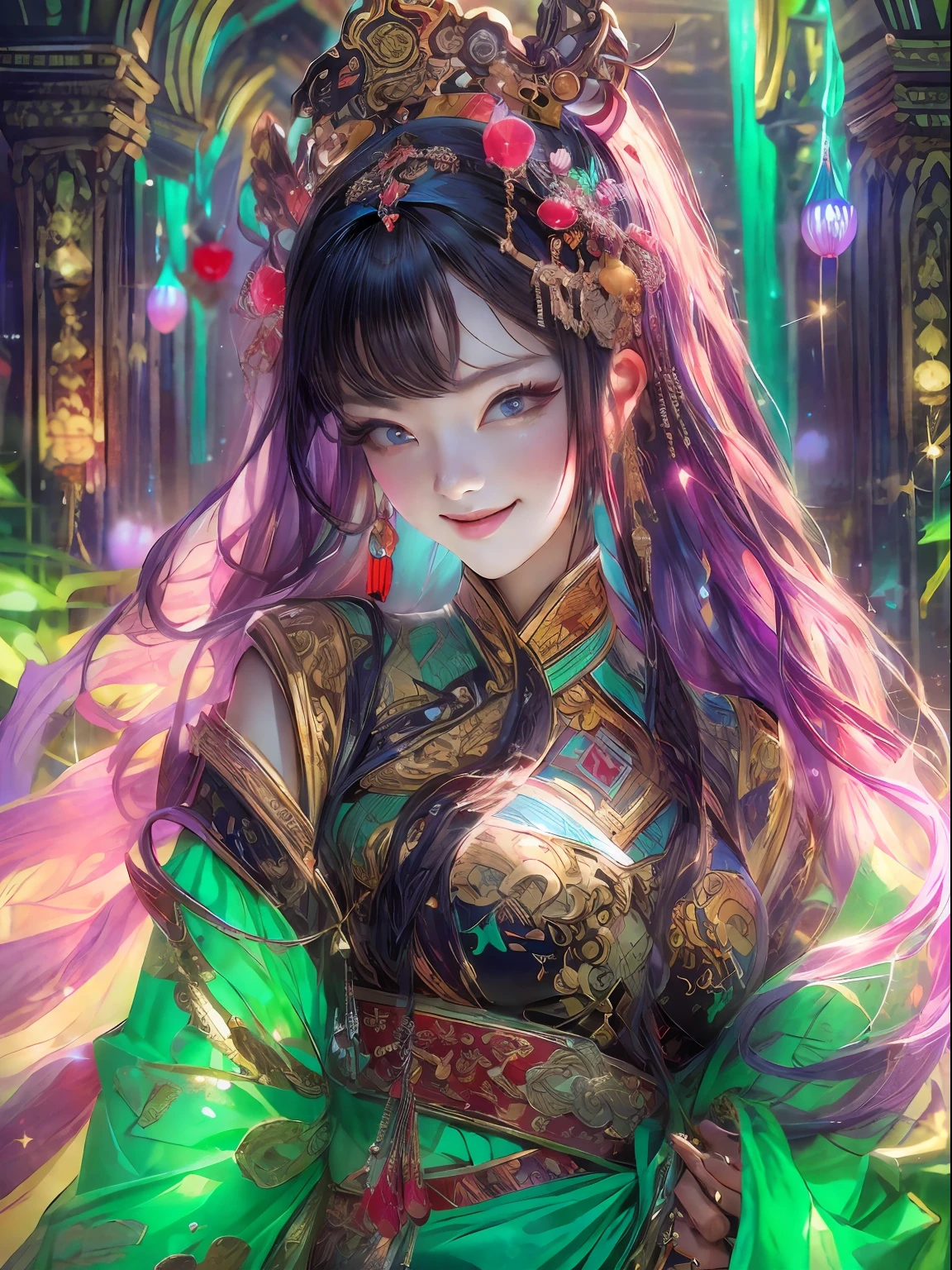 HighestQuali,tmasterpiece:1.2,Detailed details,4K,beautiful young girl in tang dynasty, Smiling, Full body picture, portraiture, fireflies and beautiful warm sparkles everywhere, shift style with a shallow depth of field and high definition resolution, key visual, editorial photography, Epic, hyper ornate, Intricate details, maximalism cinematic film still, maximalist interior design, bright vibrant colors, + cinema shot + Hyperrealistic, Chang’an, the capital of the Tang Dynasty, Super detail
