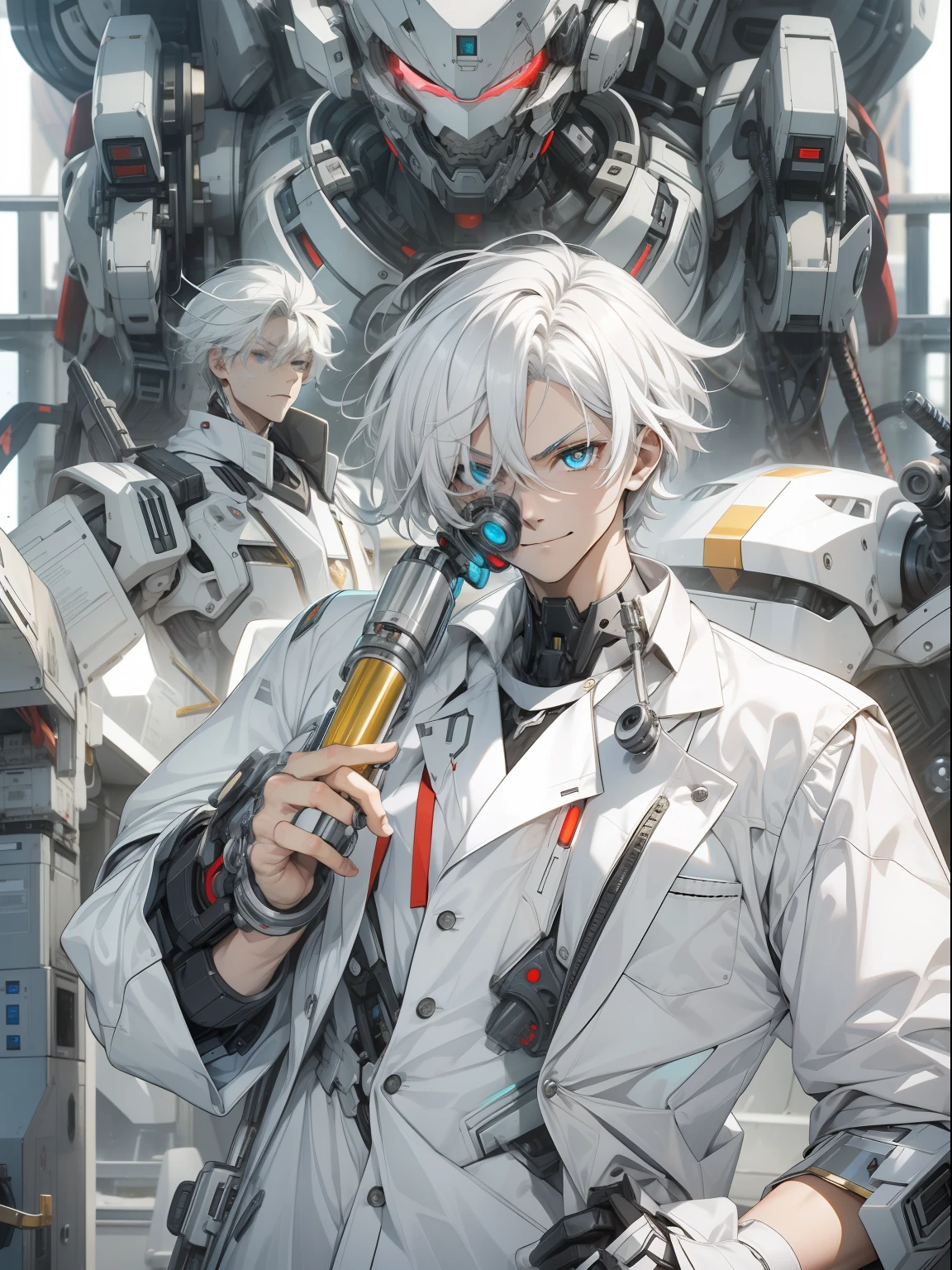 The boy with white hair、Dr、Scientific researchers，monocle，white  clothes，silber hair，Robotic arm，Pure white mech，城市，Determined gaze，Psychological smile，psychotic eyes。