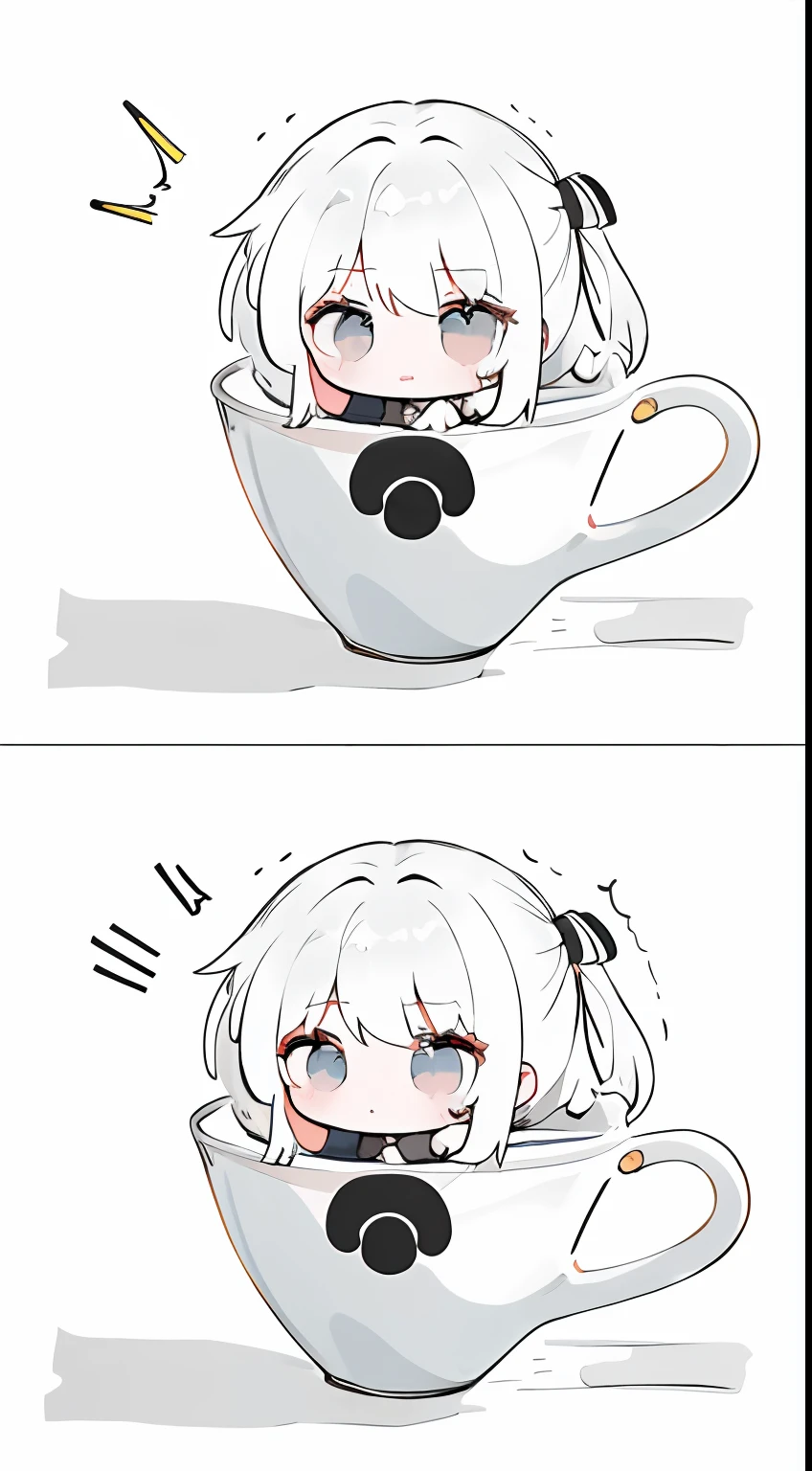 In a cup、monochromes、grayscales、Straight face、Chibi、​masterpiece、top-quality、Top image quality、Hanging eyes、kawaii、doress、the wind、Chibi
