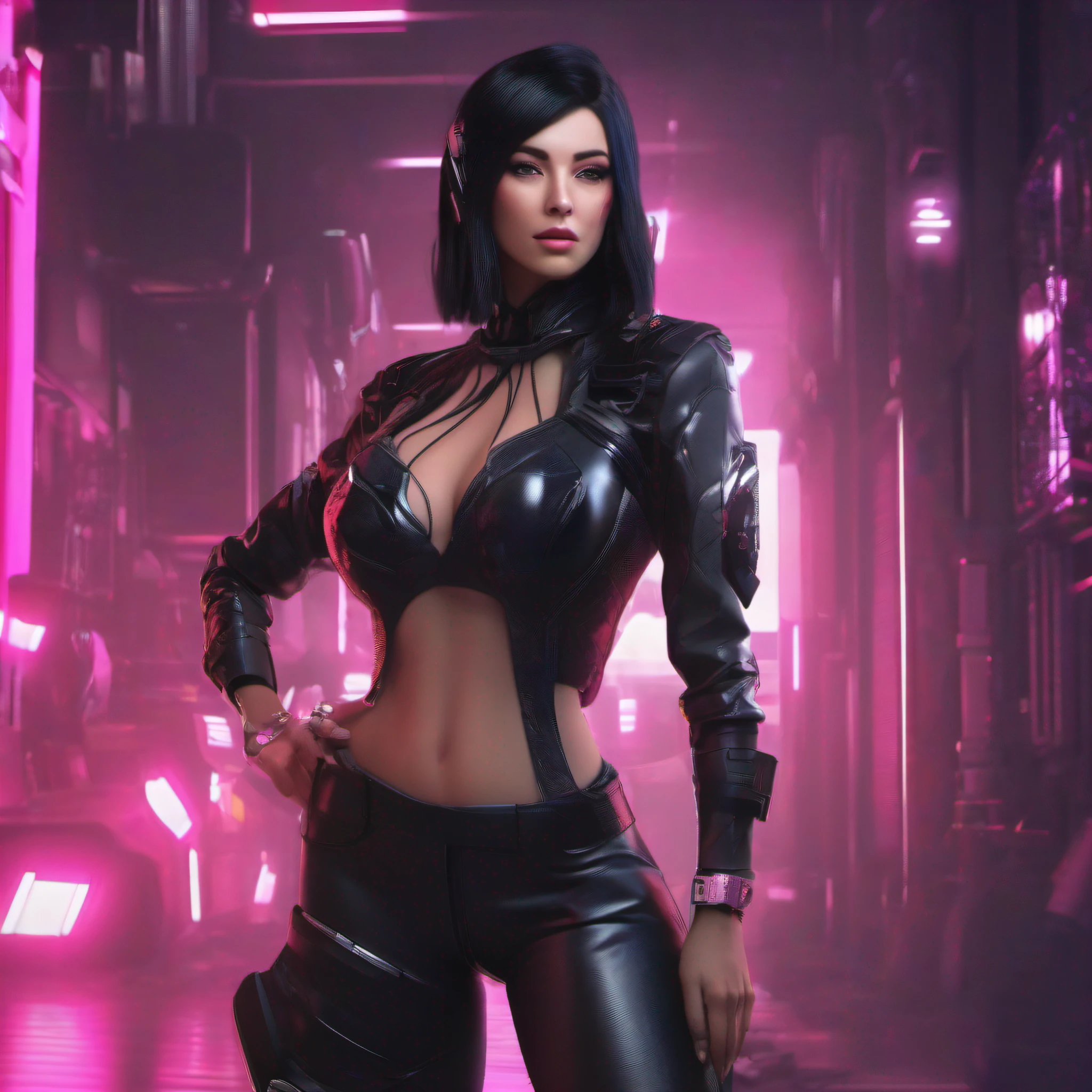arafed woman in a black and pink outfit posing for a picture, hyper-realistic cyberpunk style, jet black haired cyberpunk girl, dreamy cyberpunk girl, cyberpunk style , hyperrealistic, female cyberpunk anime girl, cyberpunk bodysuit, cyberpunk art ultrarealistic 8k, cyberpunk angry gorgeous goddess, cyberpunk outfit, cyberpunk anime girl, cyberpunk 2 0 y. o model girl