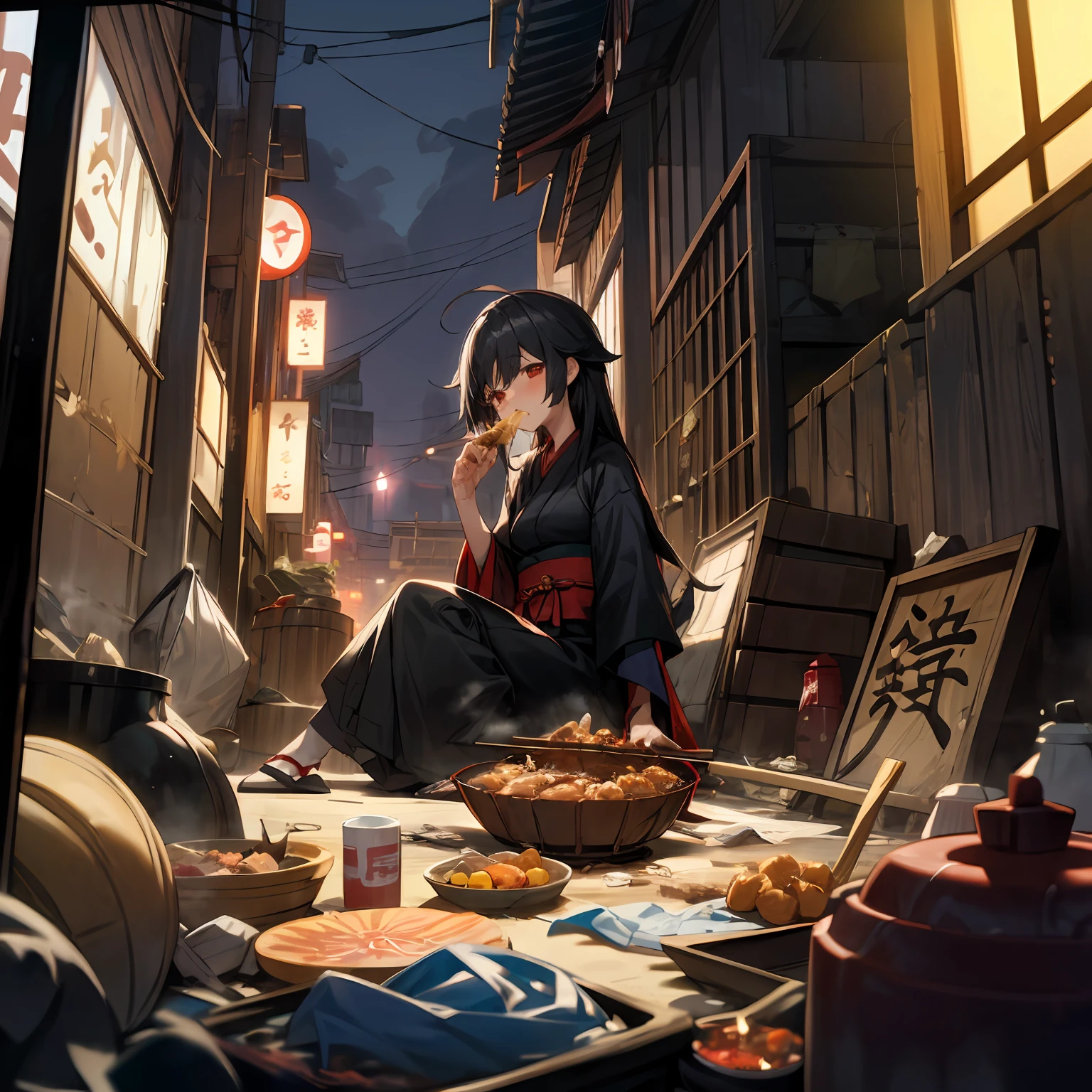 (masterpiece, best quality),(night,trash,junk:1.3),(alley in Japan,casserole),1girl,eating,sit on the ground,messy,empty can,black hair,long hair,messy hair,red eyes,black clothes,crate,skewer,tokkuri,sukiyaki,oden,small breasts
