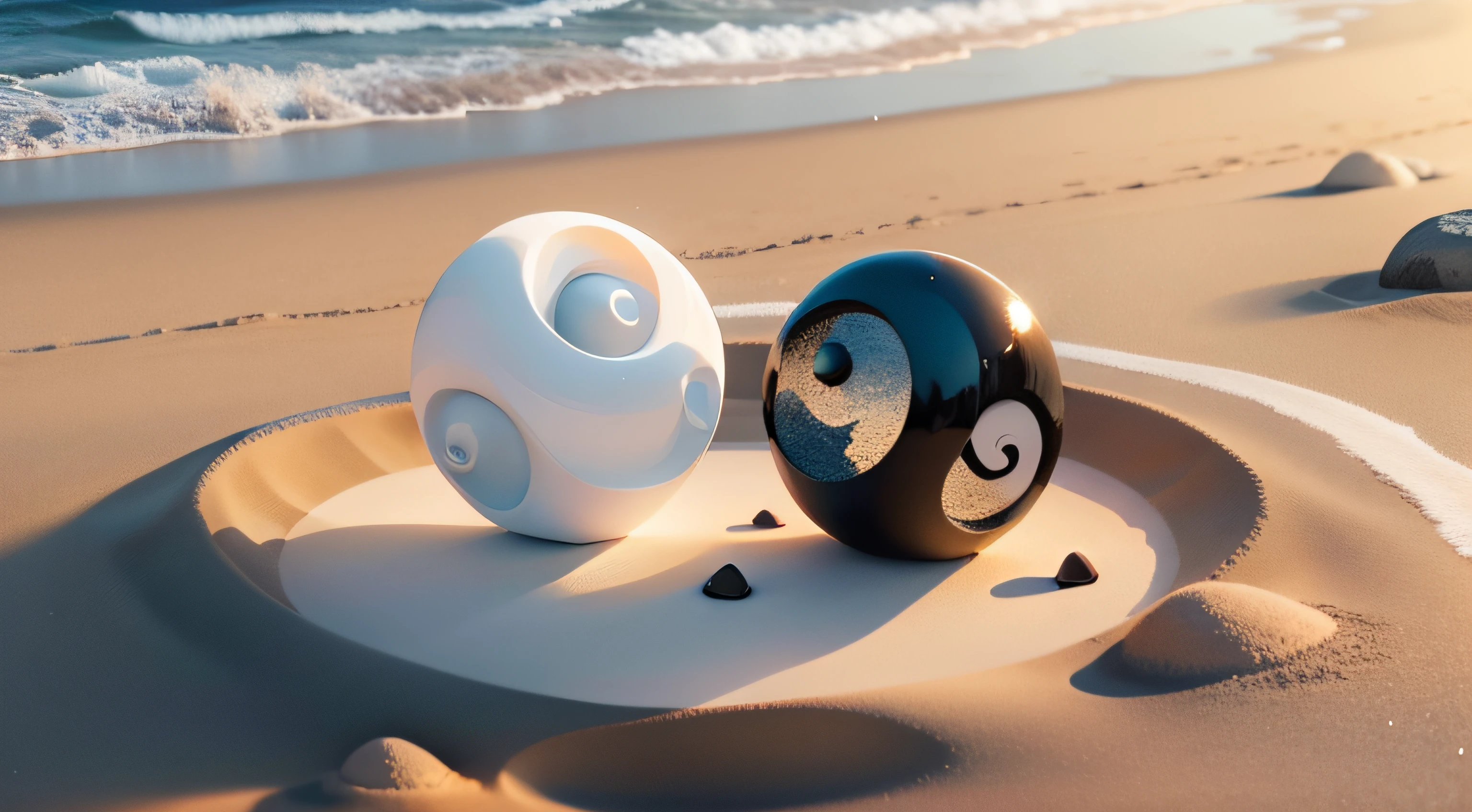 "Yin Yang symbol, serene scene with stones on sandy beach." --auto
