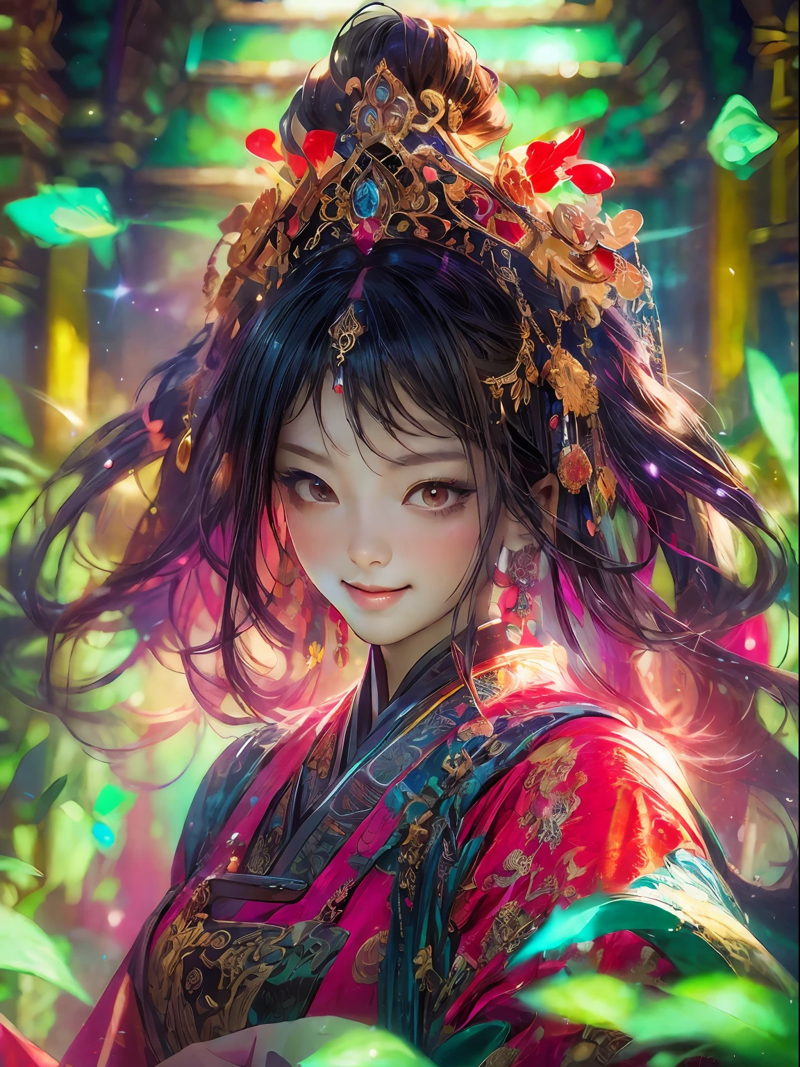 HighestQuali，tmasterpiece：1.2，Detailed details，4K，beautiful young girl in tang dynasty, smiling, full body picture, portraiture, fireflies and beautiful warm sparkles everywhere, shift style with a shallow depth of field and high definition resolution, key visual, editorial photography, epic, hyper ornate, intricate details, maximalism cinematic film still, maximalist interior design, bright vibrant colors, + cinematic shot + Hyperrealistic, Chang’an, the capital of the Tang Dynasty, Super Detail