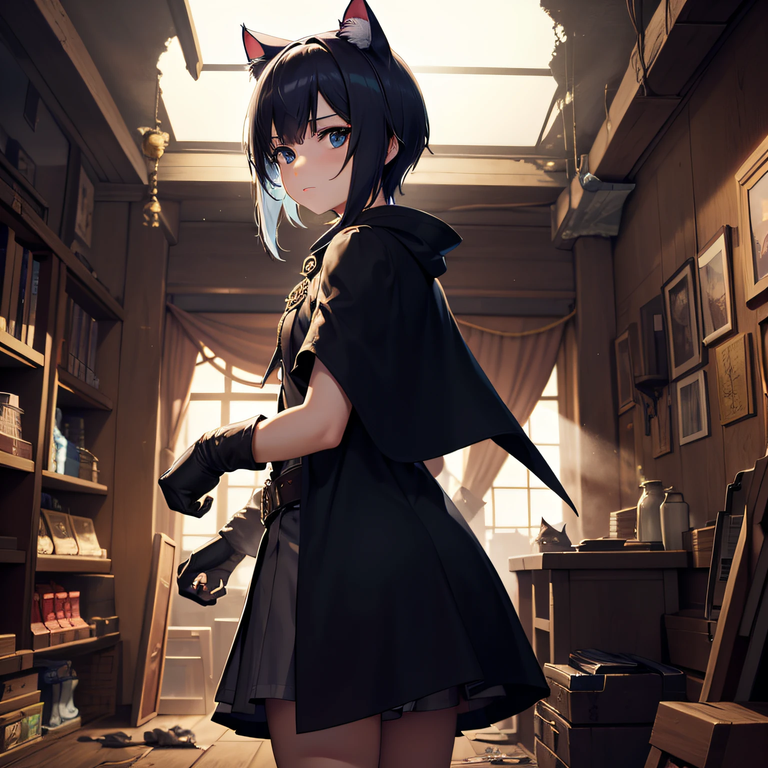 ((best qualtiy)), ((tmasterpiece)),mistic,Cat merchant with a cape,Dim light,game style, Game Store, Dilapidated room,In business