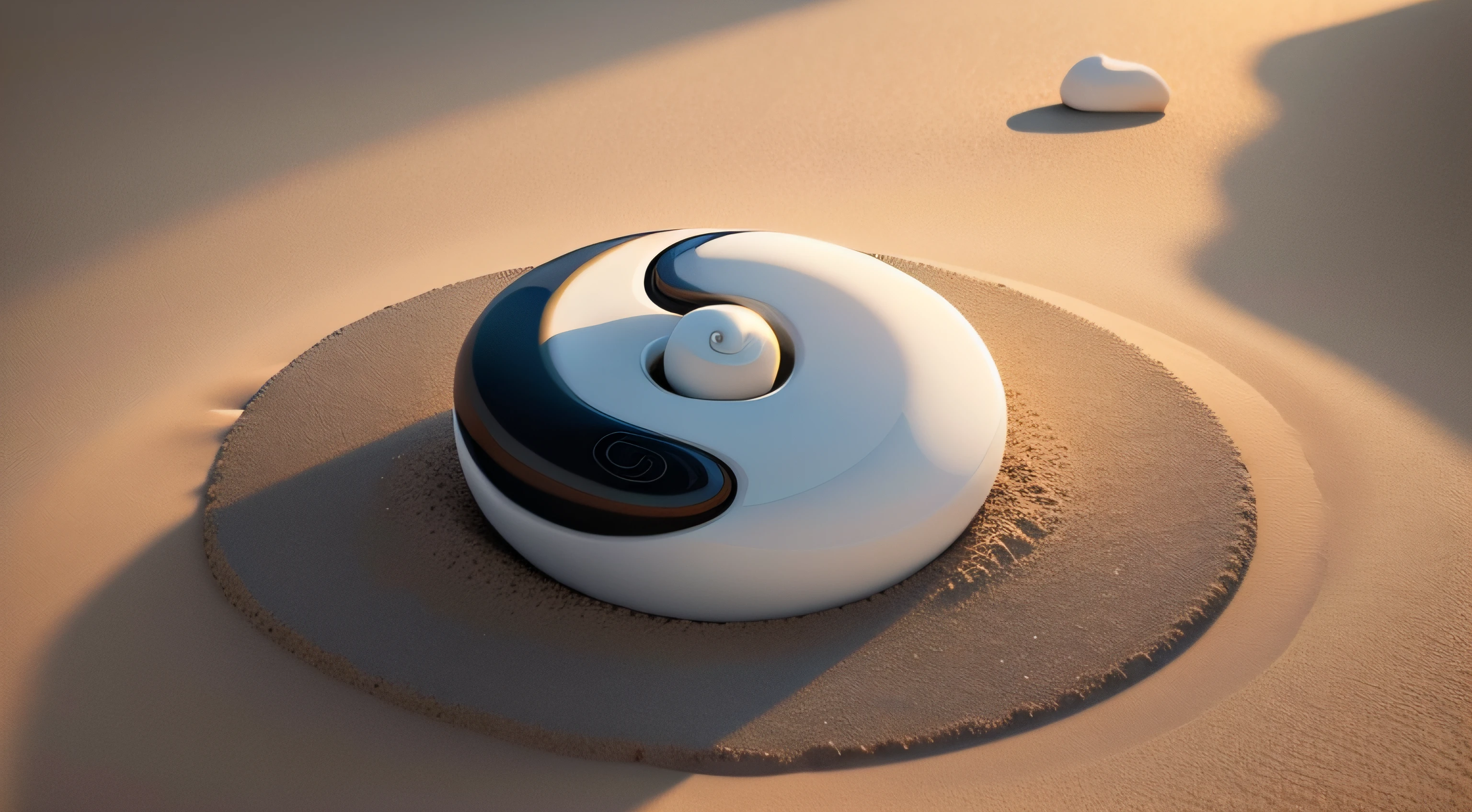 "Yin Yang symbol, serene scene with stones on sandy beach." --auto