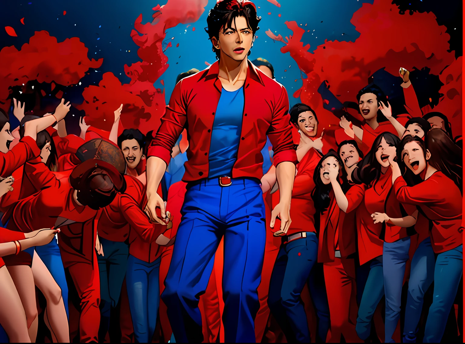 arafed image of a man in a red shirt and blue pants standing in front of a group of women, shah rukh khan, movie promotional image, bollywood, he is a rockstar, still from the movie, * colour splash *, still shot from movie, a still of a happy, shot from movie, his arms spread, intense look, film still from the movie