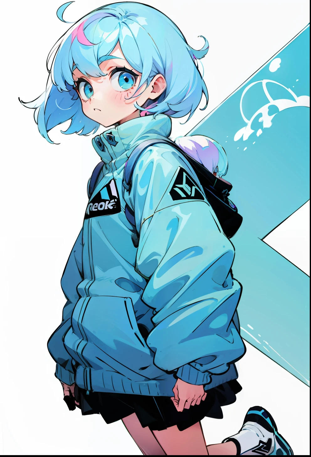 Pastel blue hair, 1Girl, Reebok Clothing, bright colors
