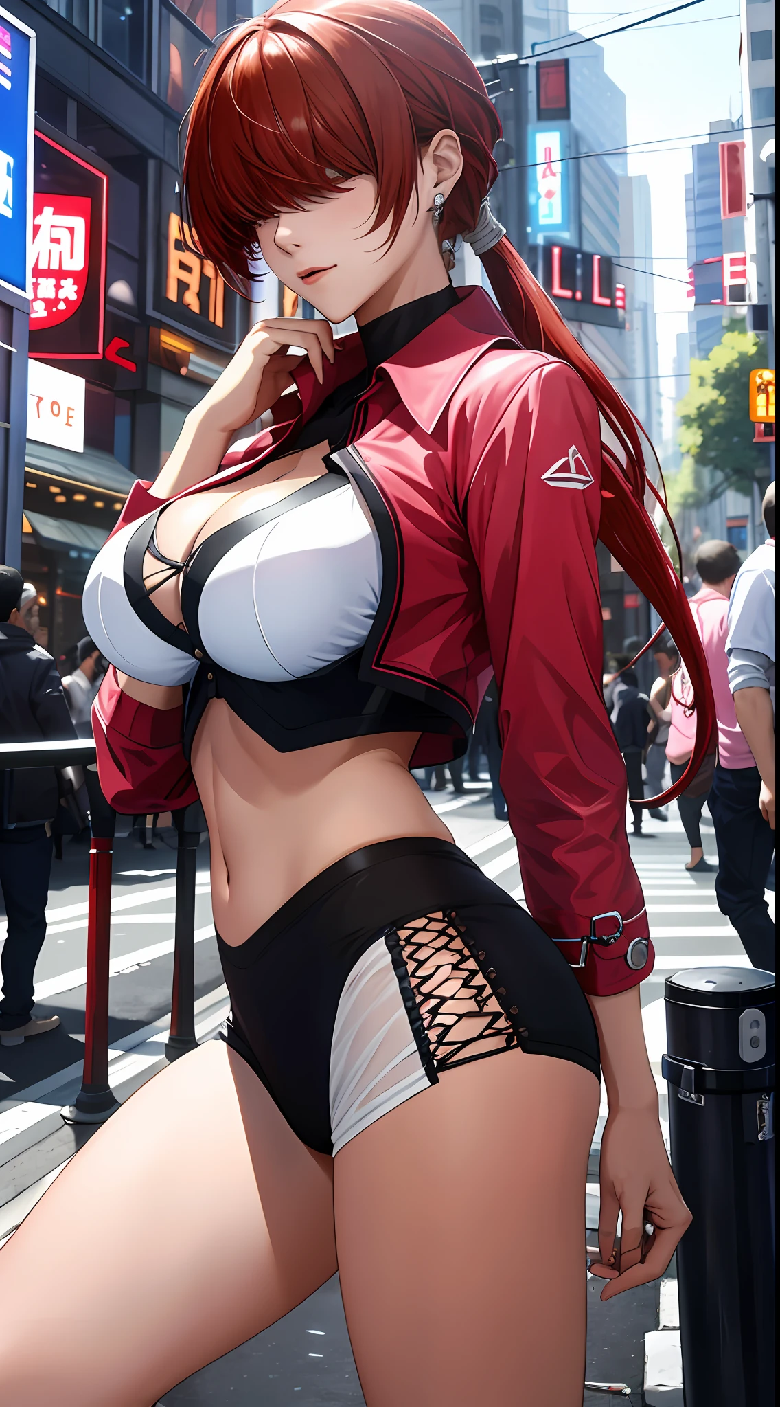 tmasterpiece,, Best quality at best, A high resolution, 1girll， red tinted hair，white  clothes，hason, Crop top, (Large breasts 1.4), nabel，Fighting posture，cyber punk perssonage，City streets