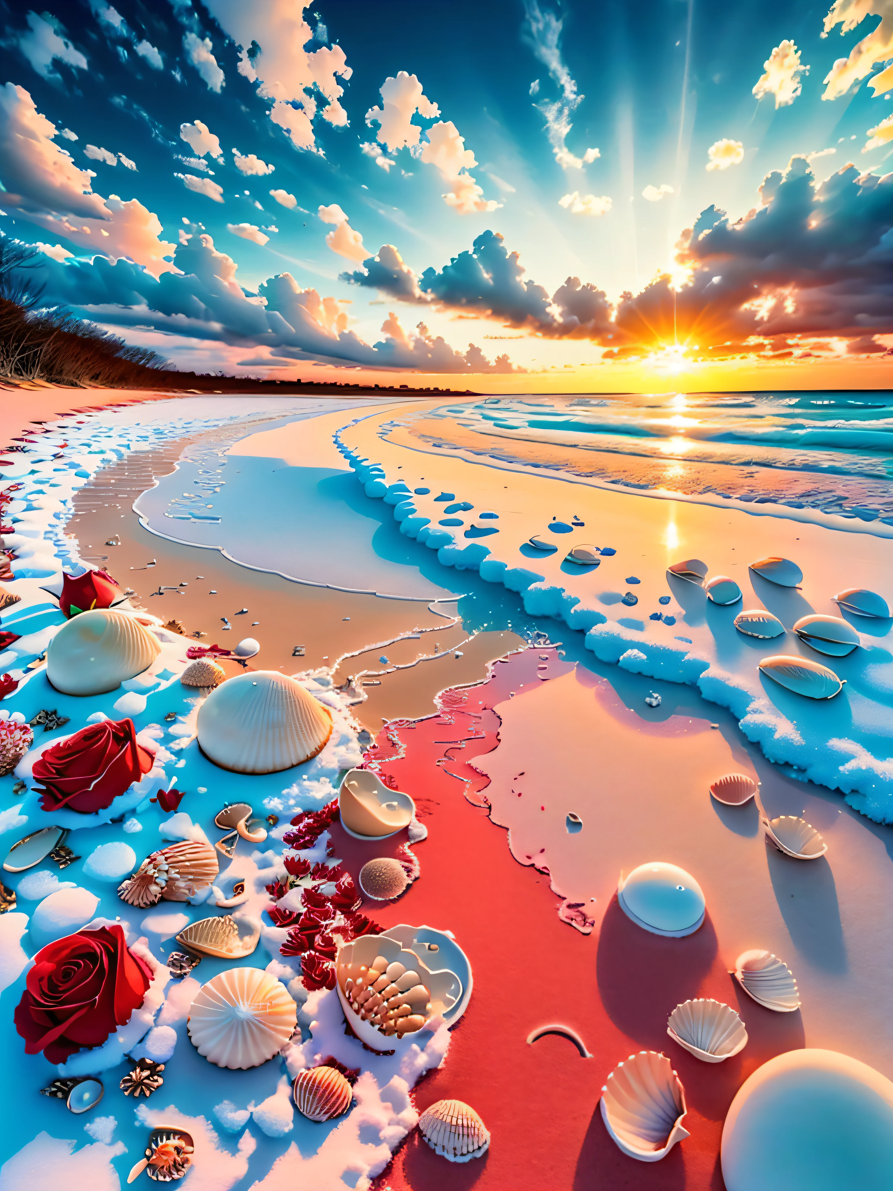 delicate scene,depth of field, 8K, The ivory sky,white clouds,and sunlight shine on the snow-white beach. The coral sea,and many colorful tinny shells on the beach,red roses, roses focus,