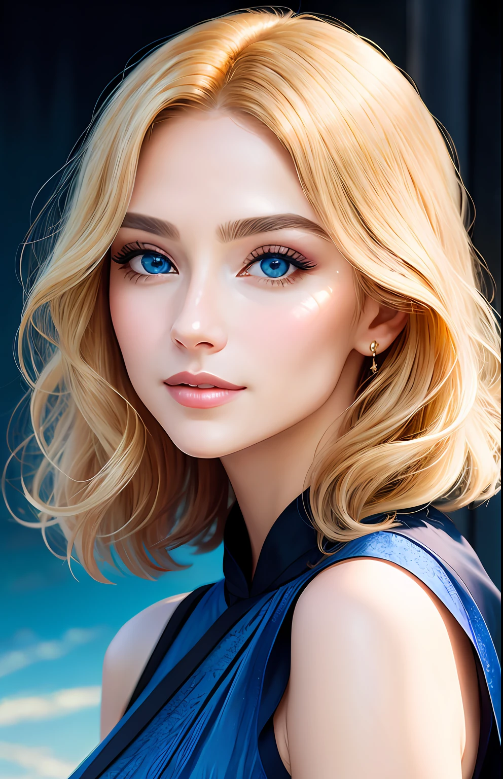 animesque、portraitures、One Person２０Pretty Woman、Moisturized eyes、Casual clothing、a picture、oval jaw、beautiful countenance、The hair、Blue eyes with a beautiful glow、LDS Art