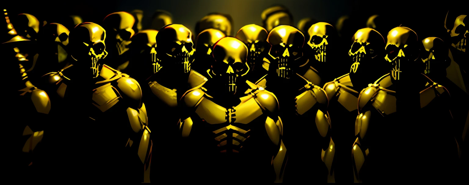 arafed image of a group of men wearing gas masks, gold skulls, still from a music video, skulls, still image from the movie, screenshot from a movie, still from a live action movie, masks, [ cinematic, scene from live action movie, with a skeleton army, gold mask, skull faces, menacing look, movie screenshot, skulls and gas masks