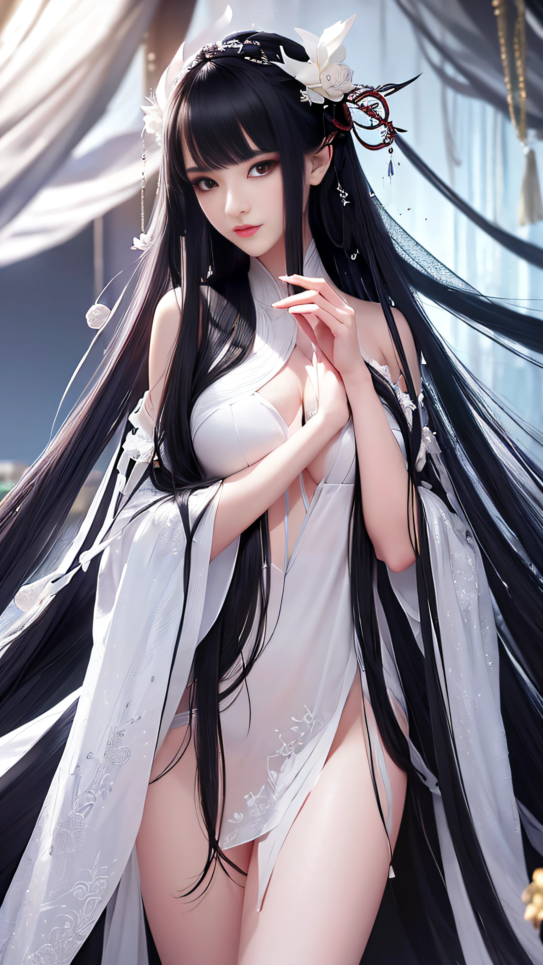 Super beautiful glowing eyes、shiny long hair、(超A high resolution、Photorealsitic、realisitic、top-quality、Photorealsitic)、(8K、Raw foto、top-quality、​masterpiece)、((NSFW))、(photon maping、Radio City、physically-based renderingt、auto white balance)、Technical sense、top-quality、​masterpiece、illustratio、nffsw、Unity、wall-paper、Official art、astonishing、finely detail、extremely delicate and beautiful、ighly detailed、foco nítido、Rich background、blurry backround、(realperson、a picture)、(((High Detail Skin、Visible Pore)))、(((facial close-up)))、((tiny chest))、Her body towers over you、More than twice your height、long, Thorny arms,、Ended with dozens of writhing and winding tentacles。Her face was a mass of wriggling tendrils.、Her shining red eyes looked down at you with an expression of amusement。Knowing that she has immense power and intelligence、You couldn't help but feel intimidated by her presence。Her long, slender fingers bend、I saw razor-sharp claws extending from each tip。Despite her alien appearance、There is something undeniably attractive about her.、There was a dangerous beauty that drew me in even if my chest was pounding with fear。