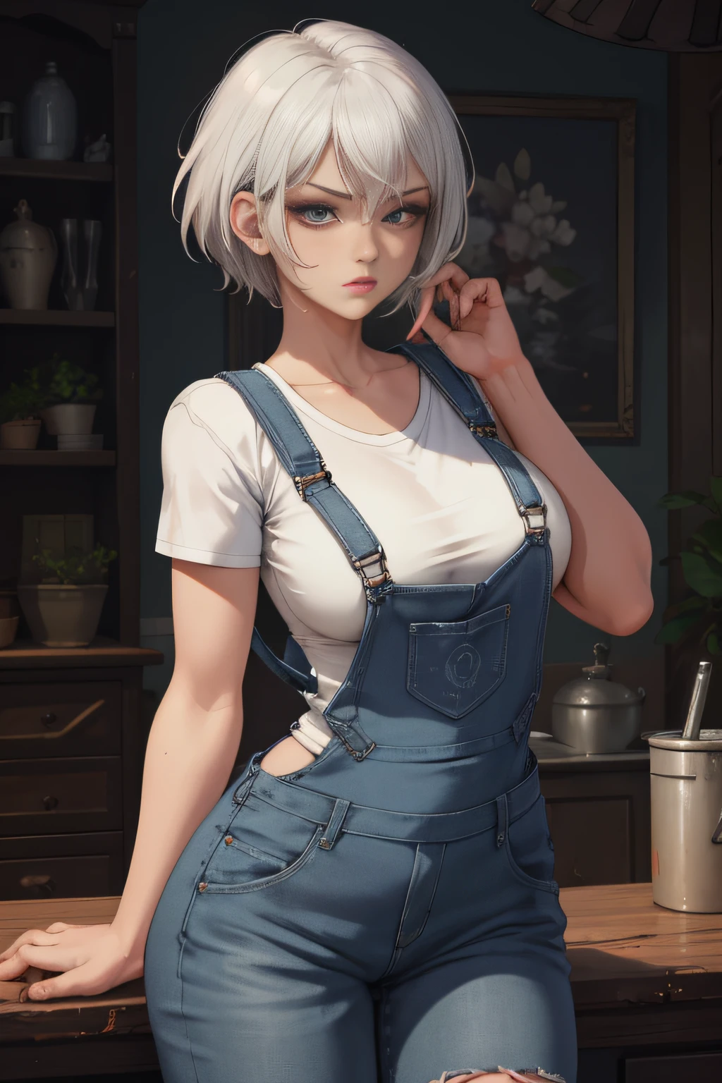 8k,masterpiece, bset quality,big, (1 girl), 2B, blue_eyes, white hair, short hair, professional lighting, (shiny skin: 1.2), shiny big, ((best quality)), sharp focus: 1.2, highly detailed face and skin texture, detailed eyes, perfect face, perfect body, blur art, cg, background, Big breasts, presence (20yo, mature cool and beautiful face), wearing ((dirty overalls), white taut shirt, thigh), blush, (mittgal), random pose, top view, perfect eye, angry face