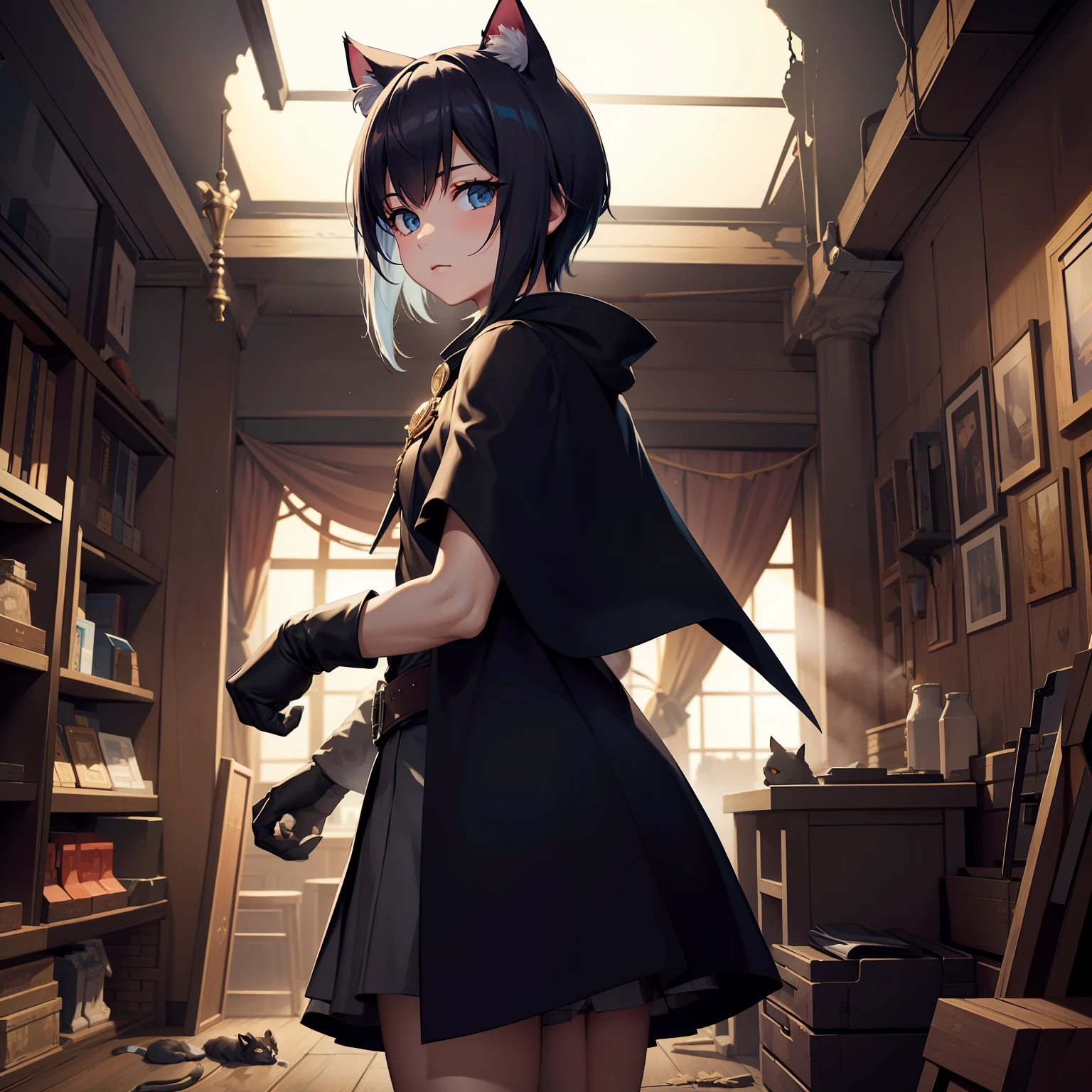 ((best qualtiy)), ((tmasterpiece)),mistic,Cat merchant with a cape,Dim light,game style, Game Store, Dilapidated room,In business