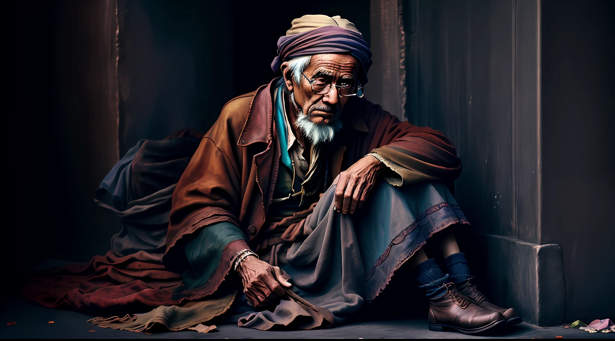 An old beggar, colorful,
yang08k, photography, beautiful,  black background,
masterpieces, top quality, best quality, official art, beautiful and aesthetic,  realistic,
