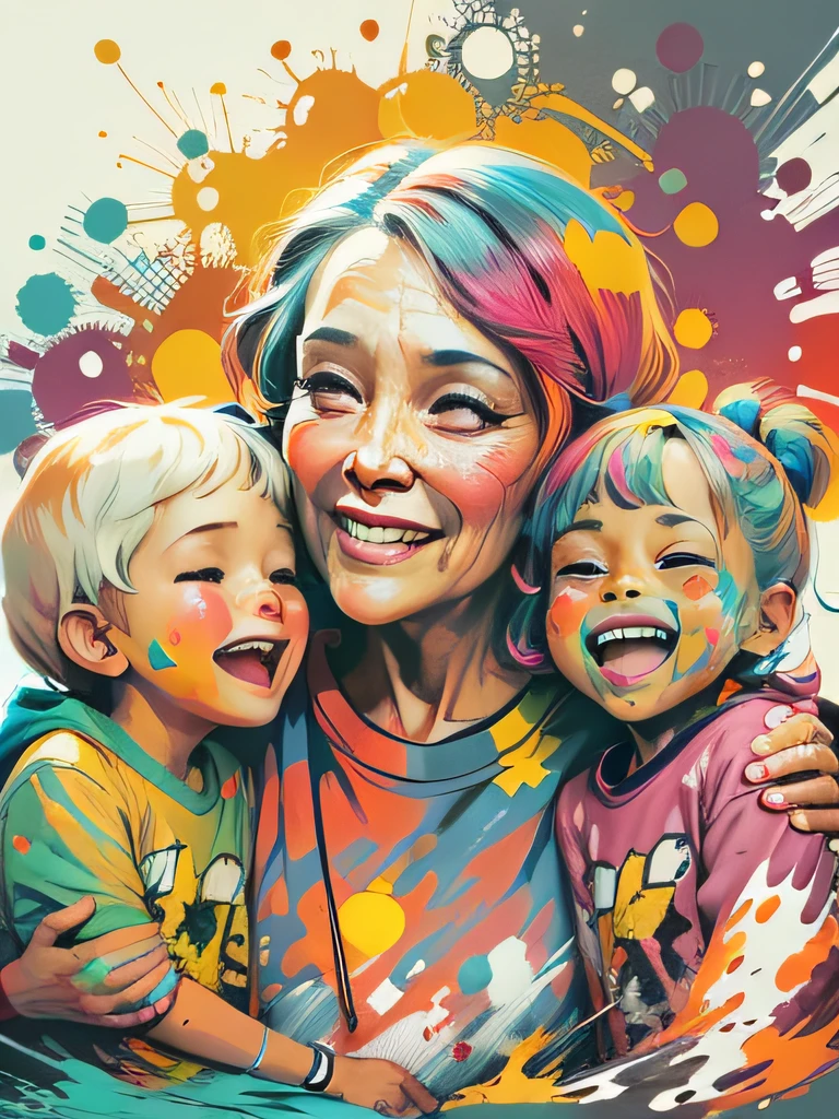 vector art, Colorful graffiti illustration, Grandmother with grandchildren, in the center, Bright colors, paint splashes and blots, high detail, whitebackground