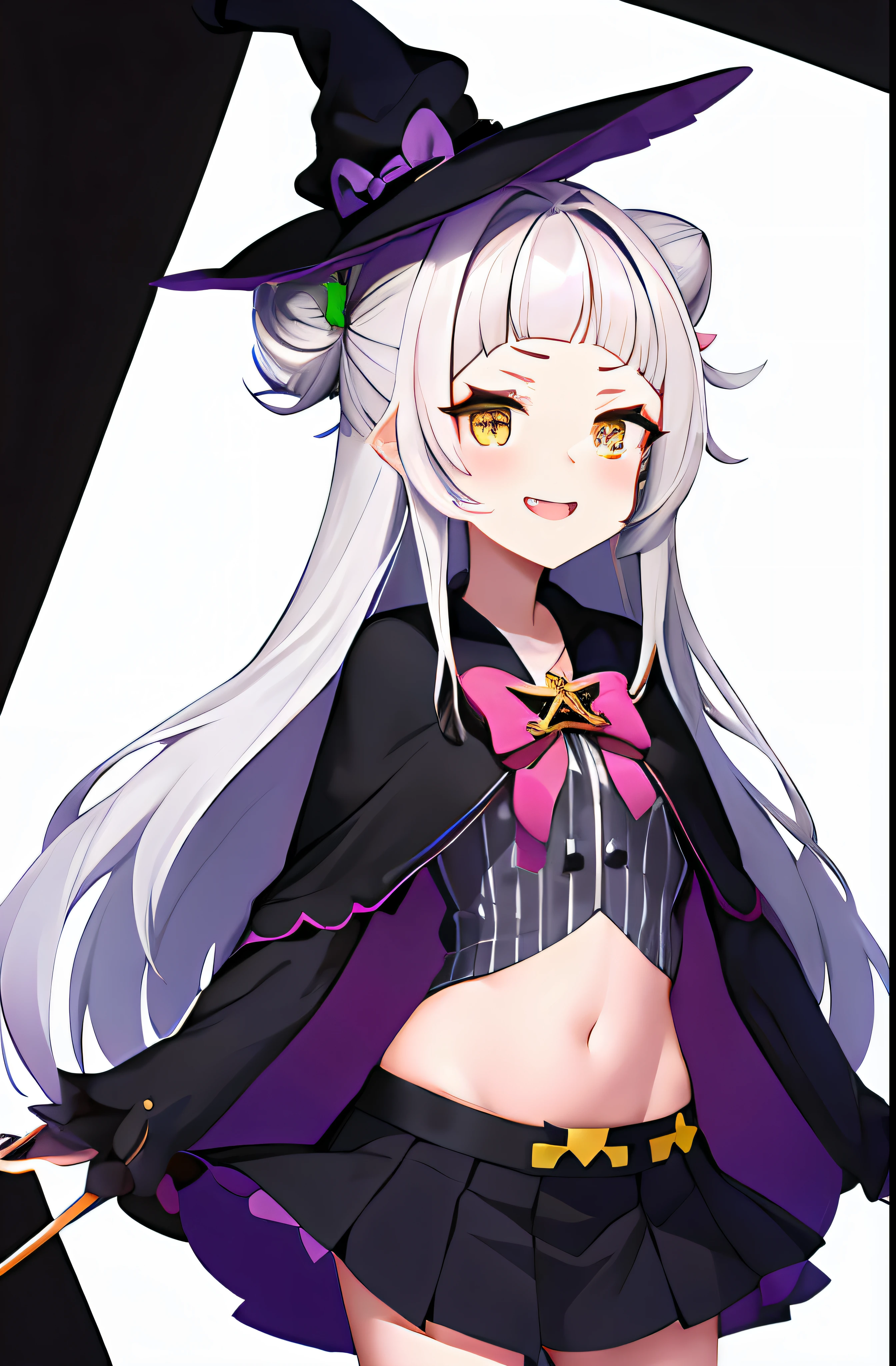 masutepiece, Best Quality, hight resolution, Ashion, 1girl in, Long hair, (Single hair bun:1.1), short eyebrows, shairband, Witch Hat, pink bowtie, black capelet, Pinstripe shirt, Long sleeves, Midriff, Black skirt, Miniskirt, striped thigh, aged down, Cowboy Shot,  Smile, Upper teeth,Halloween