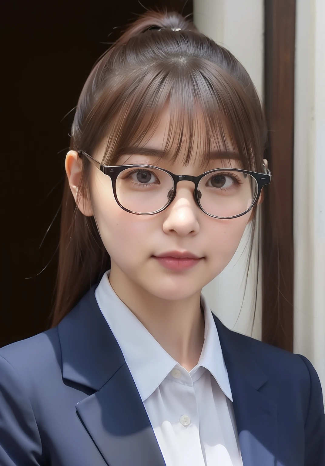 wears a suit、poneyTail、japanes、28 year old、Wearing glasses、light skinned、Looks faint-hearted、ID photo、Gentle、girl with、Facing the front、cute little