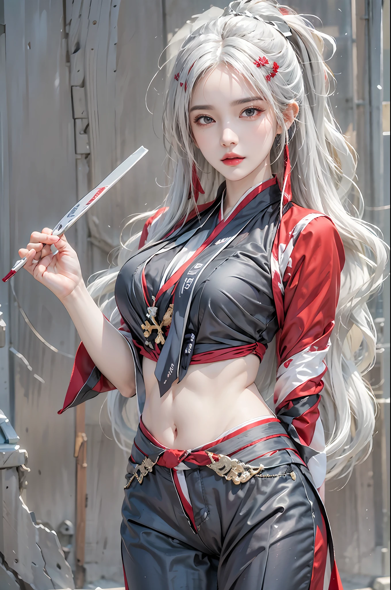 photorealistic, high resolution, 1women, solo, hips up, look at viewer, (detailed face), white hair, long hair, shiranui_mai_suit, pelvic curtain,hand fan, huowu, red clothes