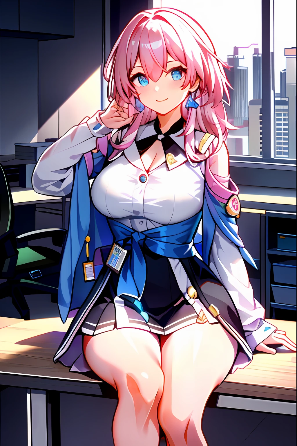 Seventh March， Seventh_march， Horn Star Orbit， 1girll， 独奏， white stockings，Large breasts， office backdrop， pantiess，pink Bras，  office room， The hair is between the eyes， Blue earrings，big cleavage breasts， long whitr hair， looking at viewert， Short pink nails， eBlue eyes， 独奏， Thighs, Thighs， upper legs， （（tmasterpiece））， Sat down， a chair， Computer on the desk， name badge， ID tags， inside in room， Be red in the face， A sexy pose， with hands behind her back，