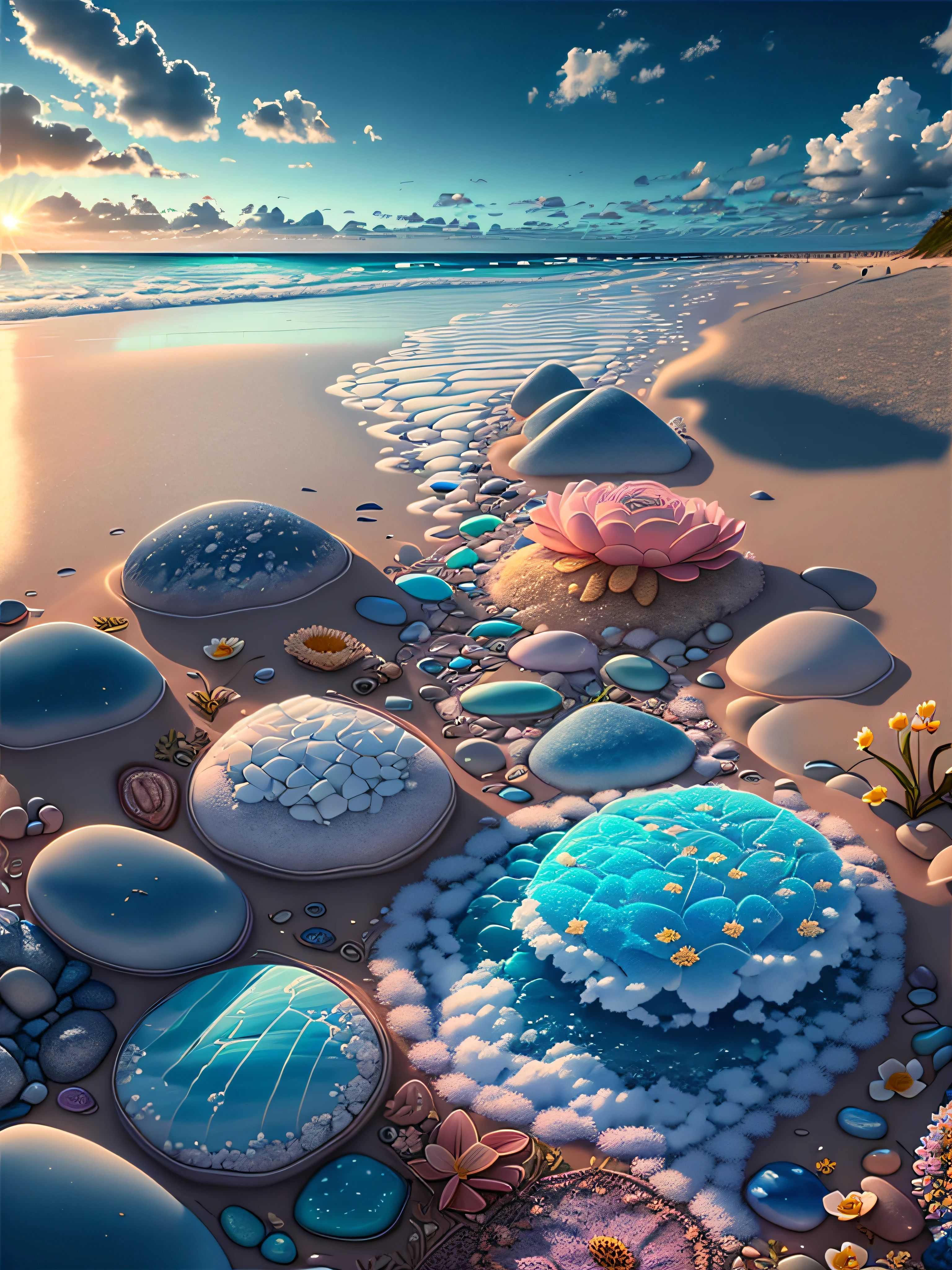 Exquisite scenes，depth of fields，8K，Blue sky，White clouds，The sun shines on the beach，There are many small colorful stones on the beach，Rose flower，