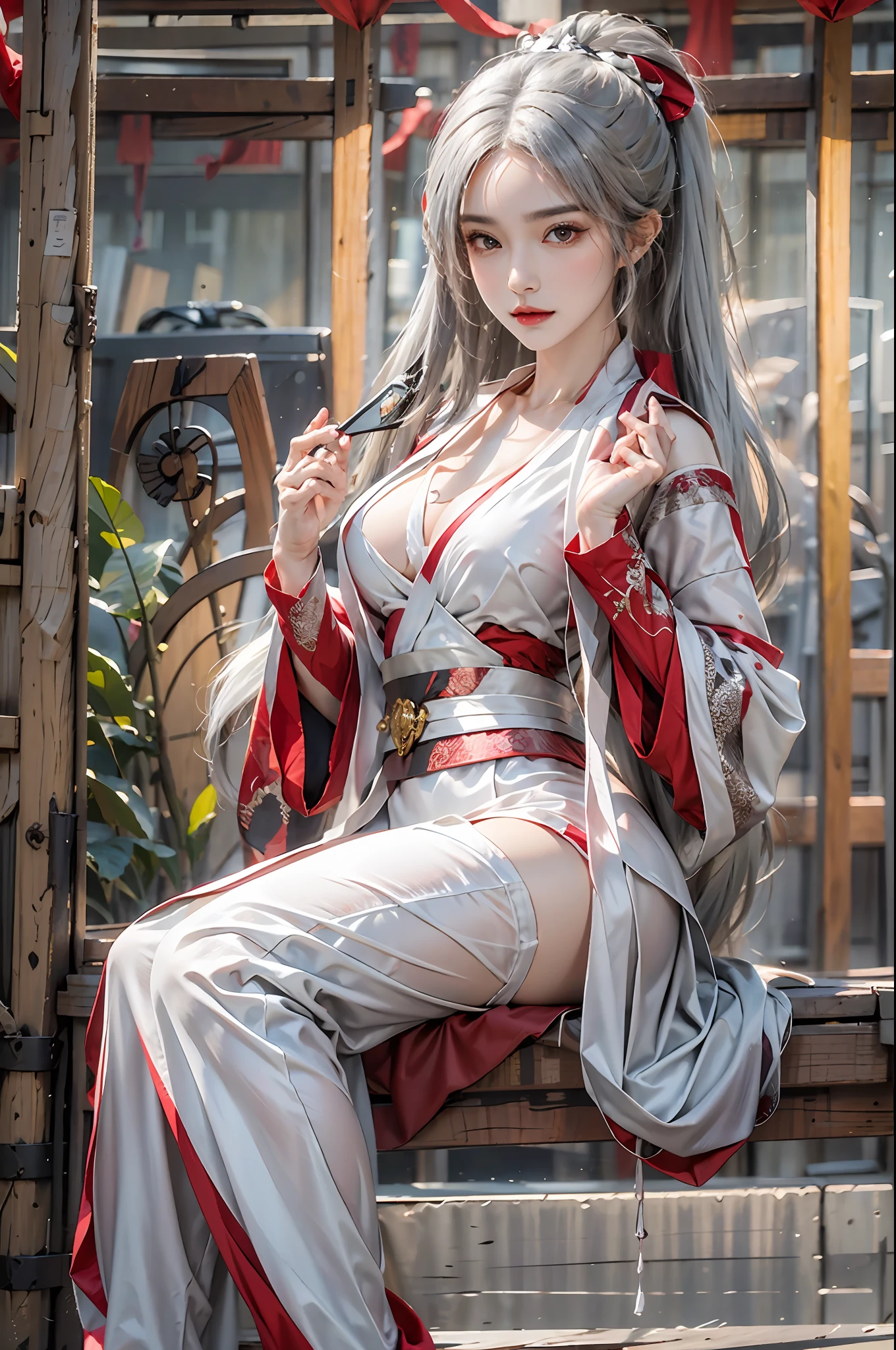 photorealistic, high resolution, 1women, solo, hips up, look at viewer, (detailed face), white hair, long hair, shiranui_mai_suit, pelvic curtain,hand fan, huowu, red clothes