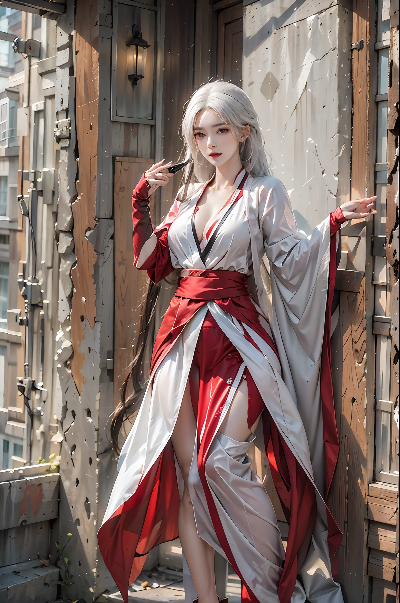 photorealistic, high resolution, 1women, solo, hips up, look at viewer, (detailed face), white hair, long hair, shiranui_mai_suit, pelvic curtain,hand fan, huowu, red clothes