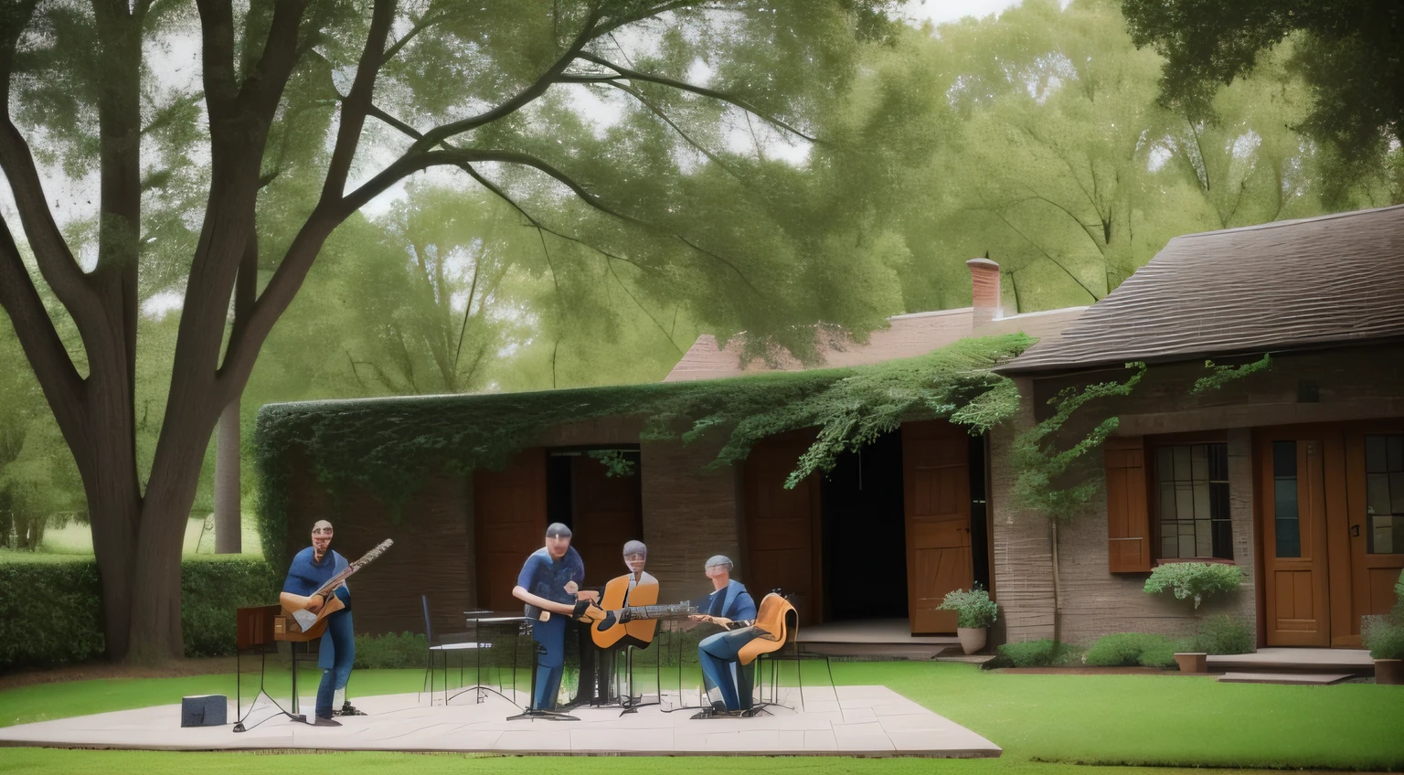 Outside open-air farmhouse yard,There is a large tree in the middle of the yard,The floor is covered with stone tiles,The corners of the walls are full of flowers,wood door,The red brick wall climbs some greenery,There's a guitarist in front of the tree,And a man who plays drums,In front is the singing man,Three spectators applauded