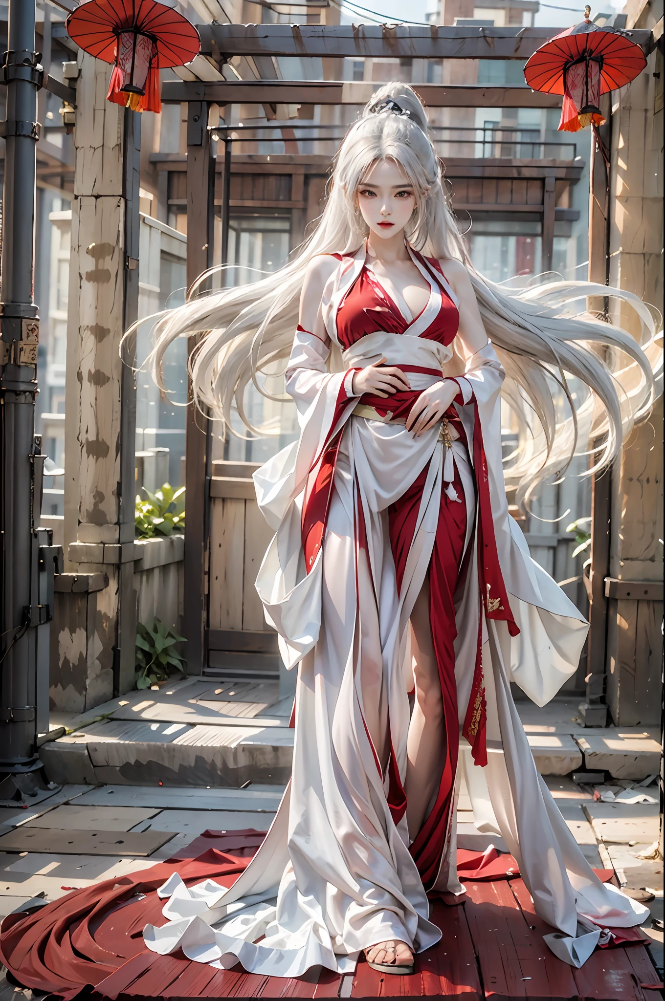 photorealistic, high resolution, 1women, solo, hips up, look at viewer, (detailed face), white hair, long hair, shiranui_mai_suit, pelvic curtain,hand fan, huowu, red clothes