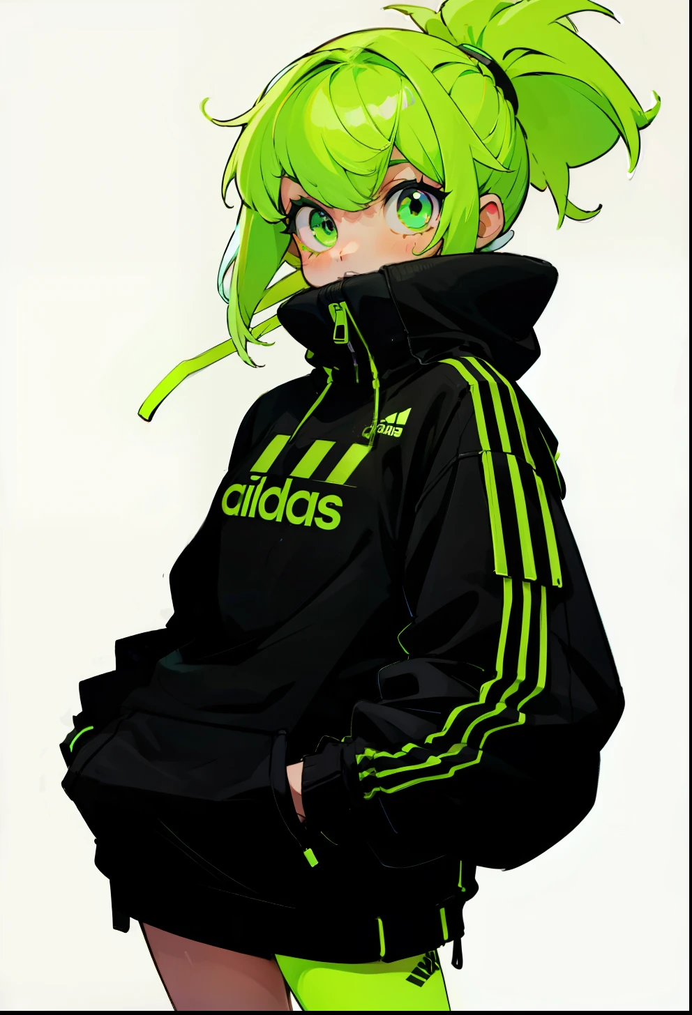 Neon green hair, 1Girl, Adidas Clothing,