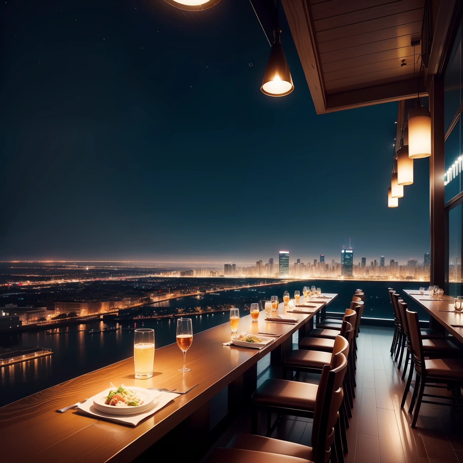 Stylish restaurant、The night view matches