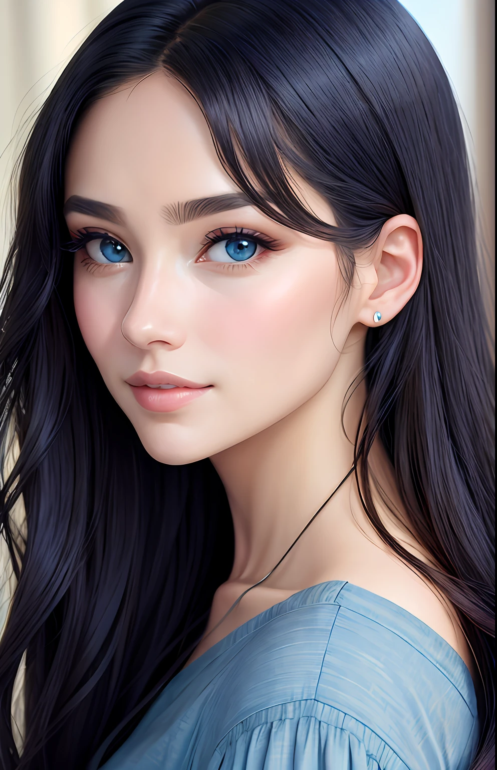 animesque、portraitures、One Person20Pretty Woman、Moisturized eyes、Casual clothing、a picture、oval jaw、beautiful countenance、The hair、Blue eyes with a beautiful glow、LDS Art