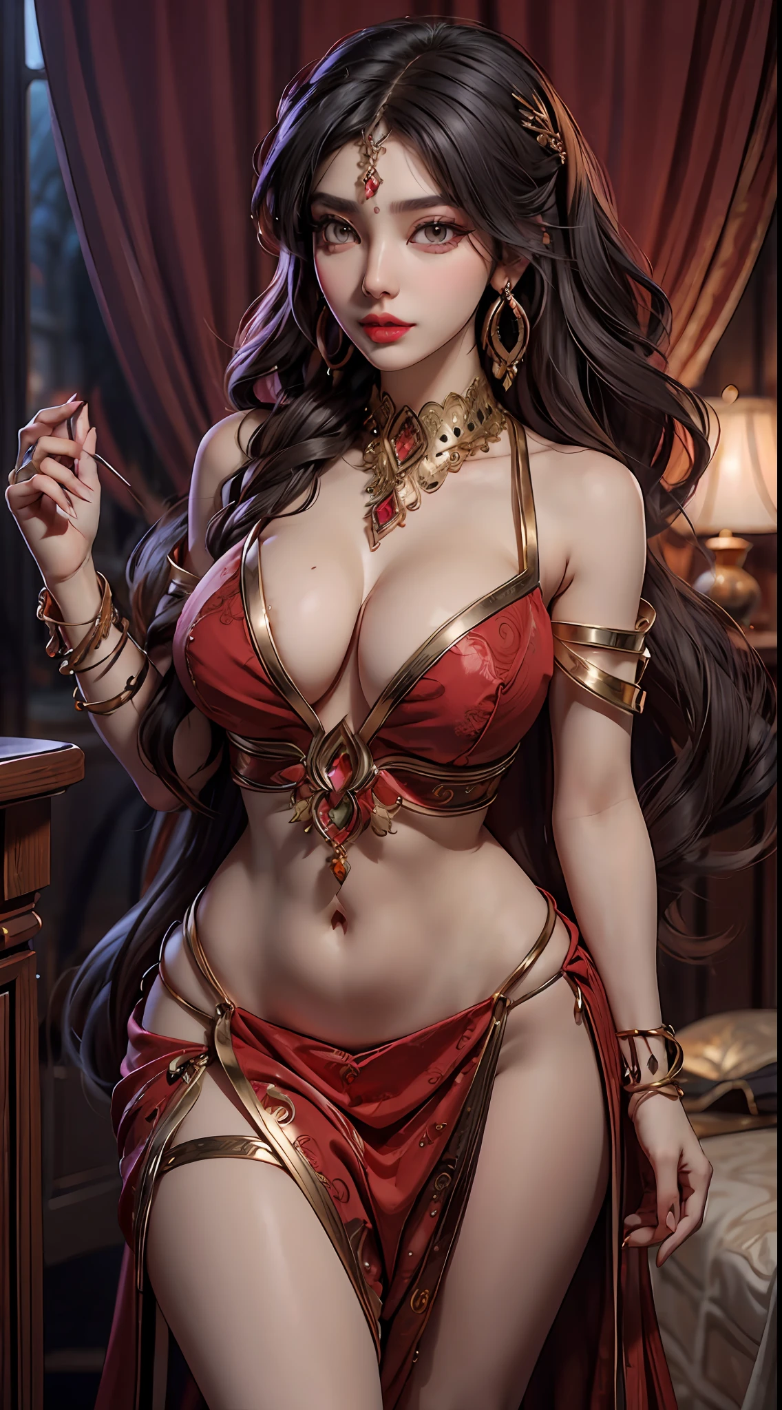 Arabian woman with bare shoulders in a seductive belly dancer dress. She has captivating red lips, striking makeup, and alluring earrings and jewelry. Her gaze is fixed upon the viewer, showcasing her sexy legs