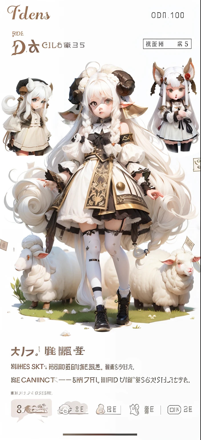 teens girl,Sheep's horns,long white hair,adolable,sheep ears