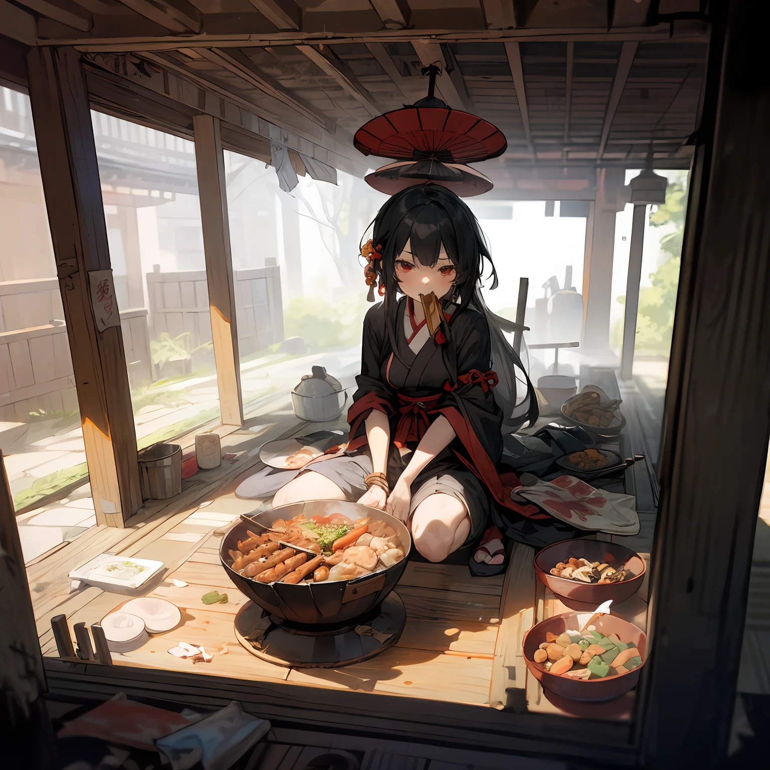 (masterpiece, best quality),(ceiling,trash,junk:1.3),(alley in Japan,casserole),1girl,eating,sit on the ground,messy,empty can,black hair,long hair,messy hair,red eyes,black clothes,crate,skewer,tokkuri,sukiyaki,oden,small breasts