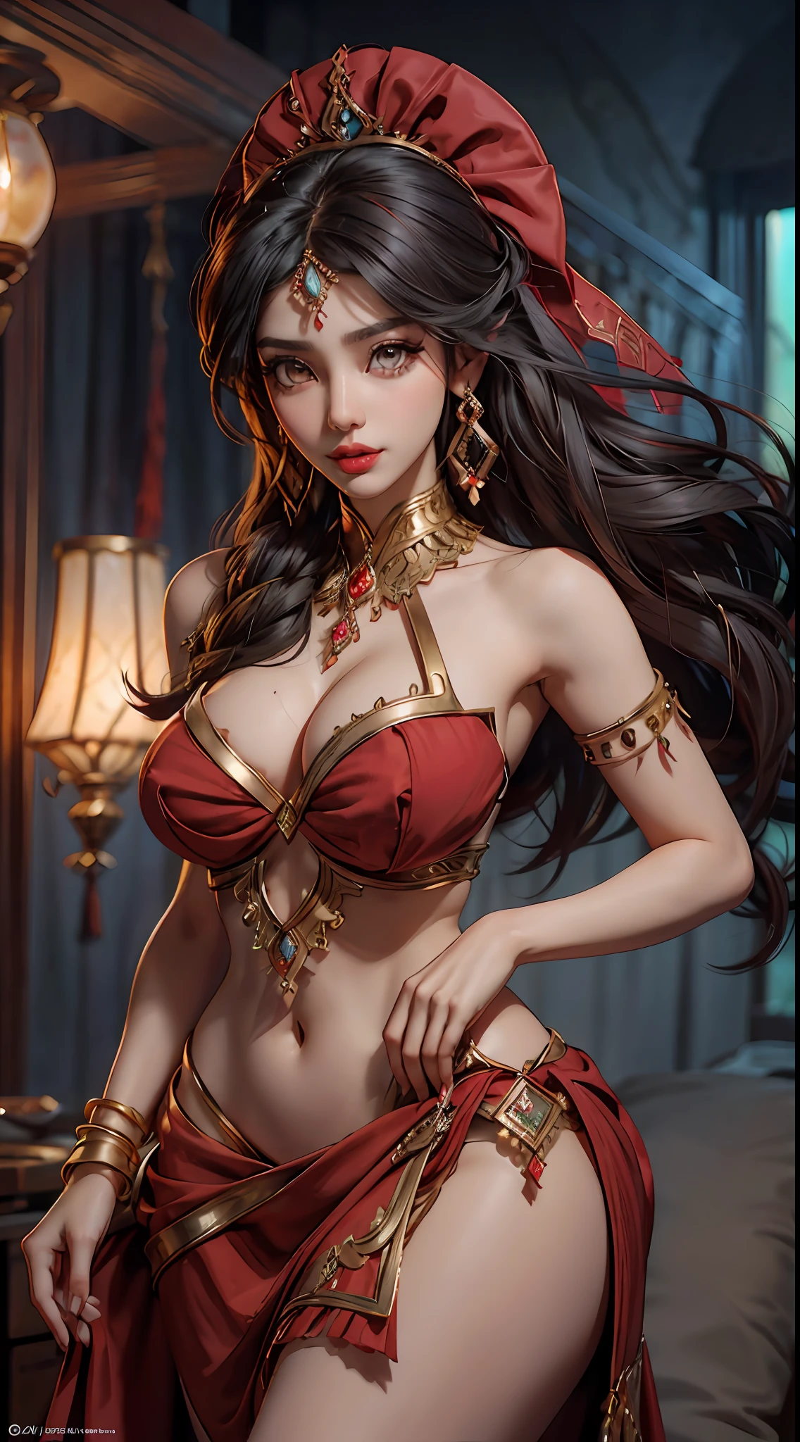 Arabian woman with bare shoulders in a seductive belly dancer dress. She has captivating red lips, striking makeup, and alluring earrings and jewelry. Her gaze is fixed upon the viewer, showcasing her sexy legs