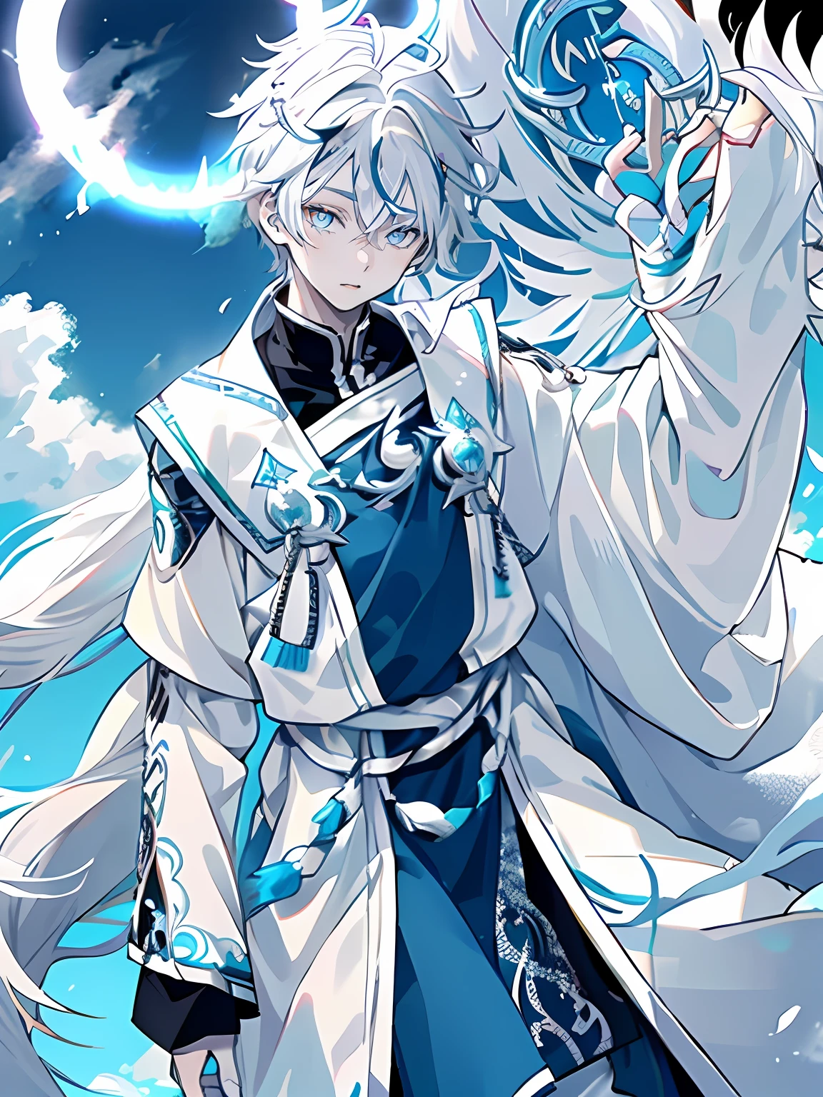 (((Young, Light-skinned boy, STRAIGHT WHITE HAIR, 18 years old)))), He was dressed in white，Grey decorations and details，There are wolf ears,blue color eyes ((((Go against the wind, White wolf, Blue magic halo))))，Masterpiece