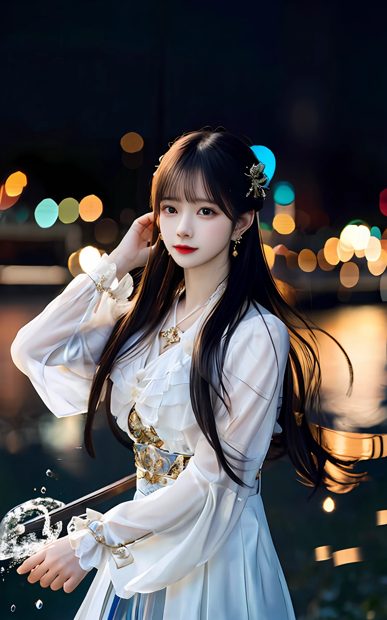 (realisticity: 1.2), best quality,masterpiece,highres,cg,
1girl,weapon,sword,long hair,dress,water,solo,jewelry,white dress,earrings,hair ornament,splashing,upper body,hair bun,black hair, city bacgraun realistis,
lighting,candid,Photograph,high resolution,4k,8k,Bokeh,