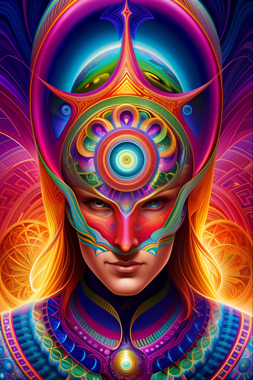 a painting of a giant head with a lot of strange things on it, psychedelic surreal art, dan mumford and alex grey style, psychedelic illustration, hyper detailed visionary art, hyper - detailed visionary art, psychedelic artwork, surreal + highly detailed, 4k highly detailed digital art, psytrance artwork, by Justin Gerard, 4k detailed digital art, trippy art, surreal psychedelic design