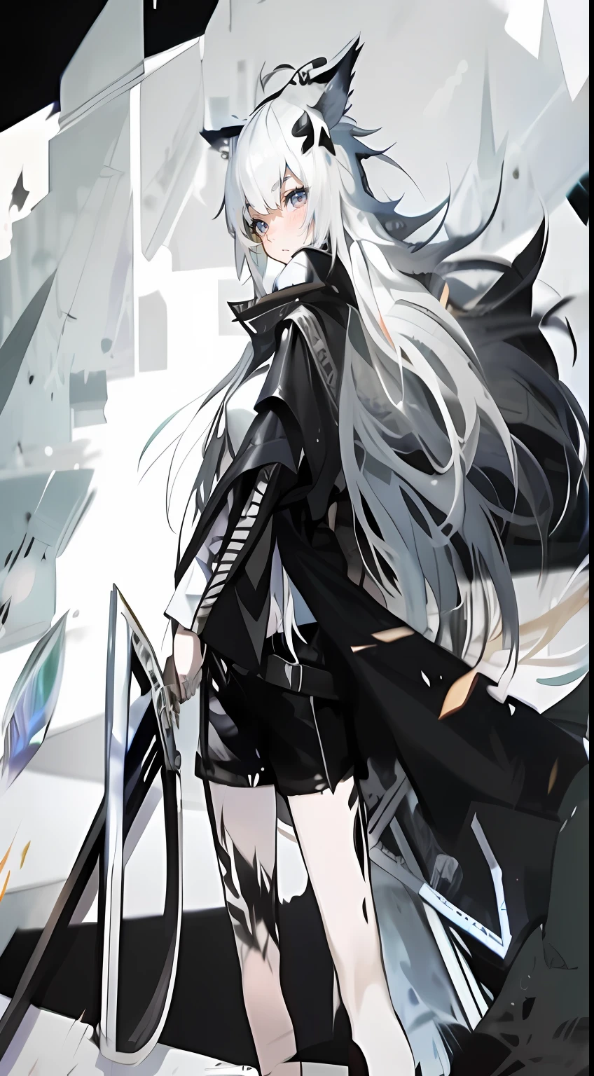 anime artsyle,k hd,tmasterpiece,A girl,From the Ark of Tomorrow,Lapland,gray beautiful eyes,Thick lashes,standing on your feet,Long white thick hair,Wolf ears,Beast-eared maiden,Holding a long sword,Black leather shorts,A slightly blown up black leather cloak,Bare legged