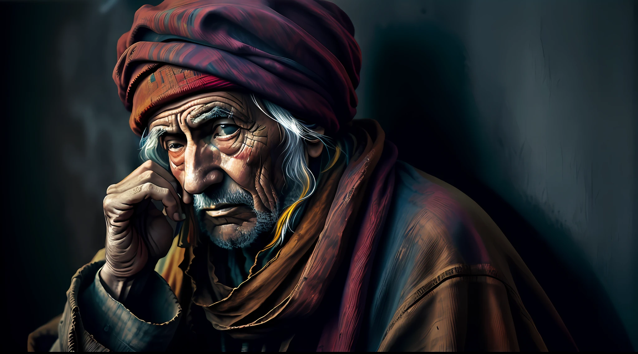 An old beggar, colorful,
yang08k, photography, beautiful,  black background,
masterpieces, top quality, best quality, official art, beautiful and aesthetic,  realistic,